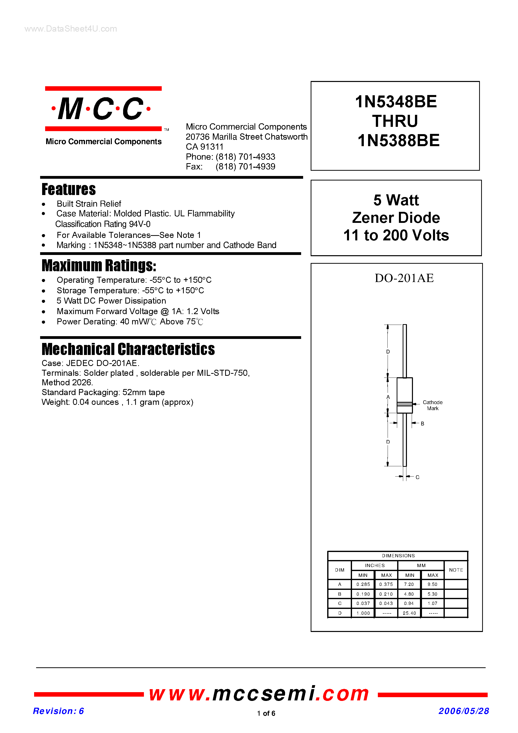 Даташит 1N5348BE - (1N5348BE - 1N5388BE) 5 Watt Zener Diode страница 1