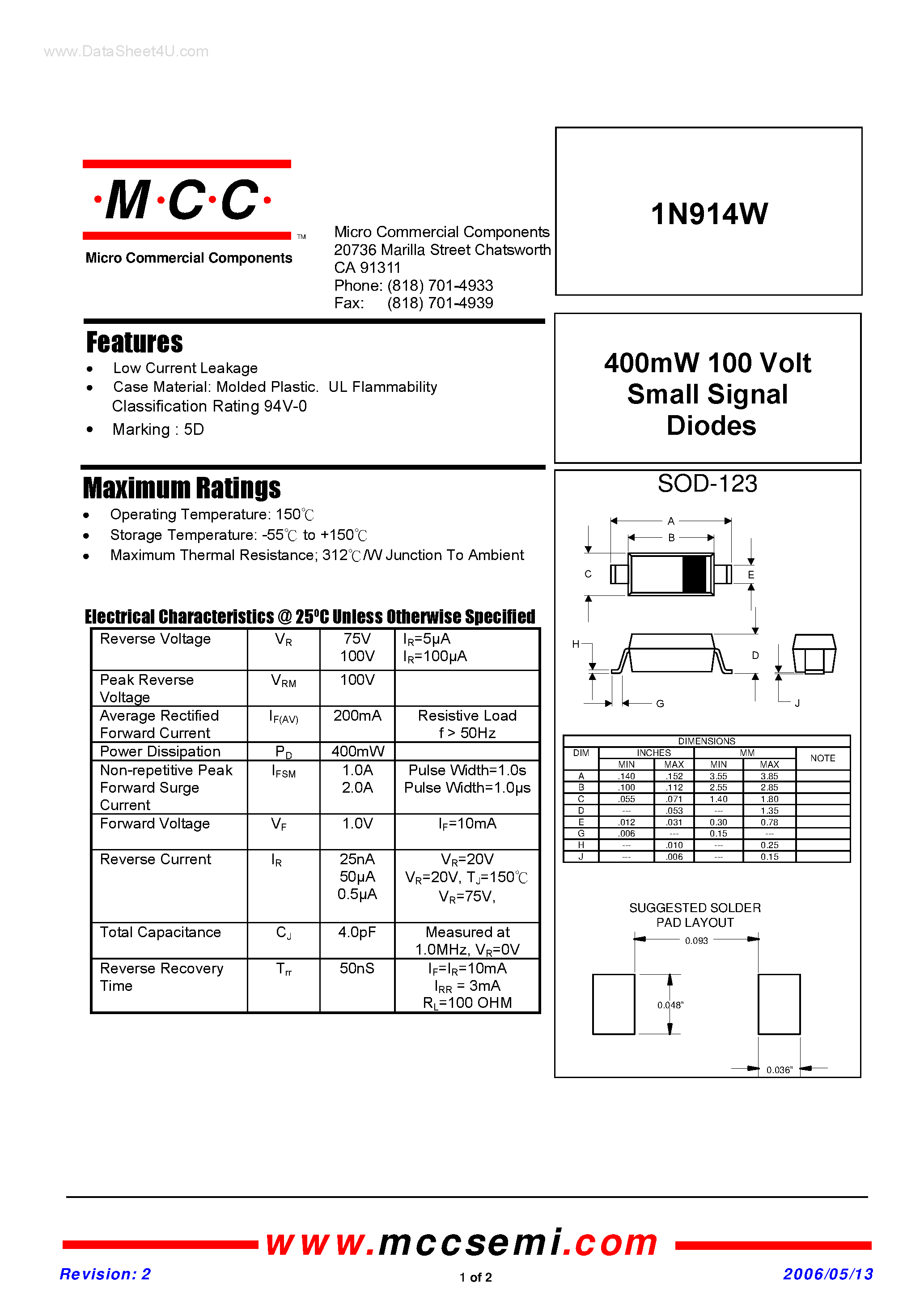 Datasheet 1N914W - Small Signal Diodes page 1
