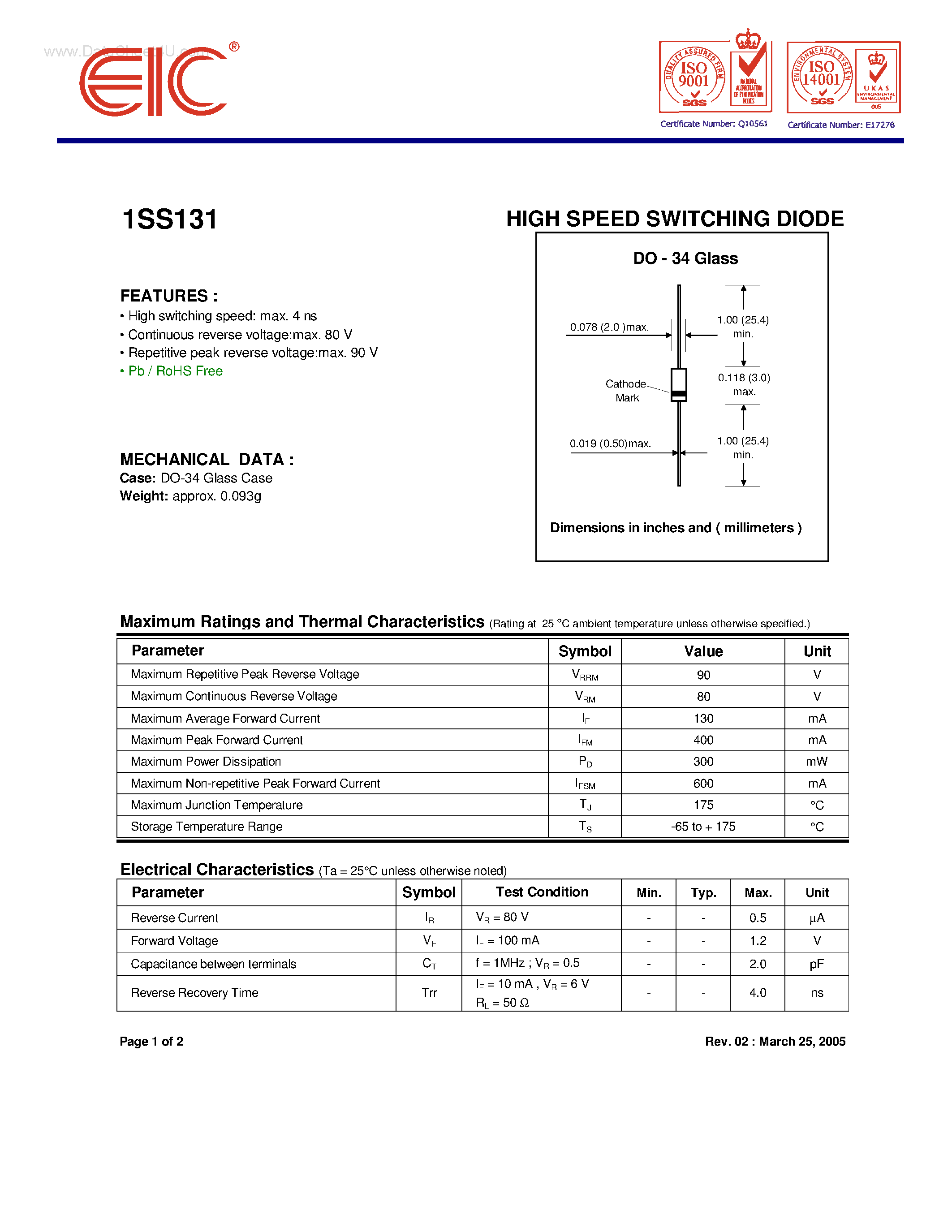 Datasheet 1SS131 - HIGH SPEED SWITCHING DIODE page 1