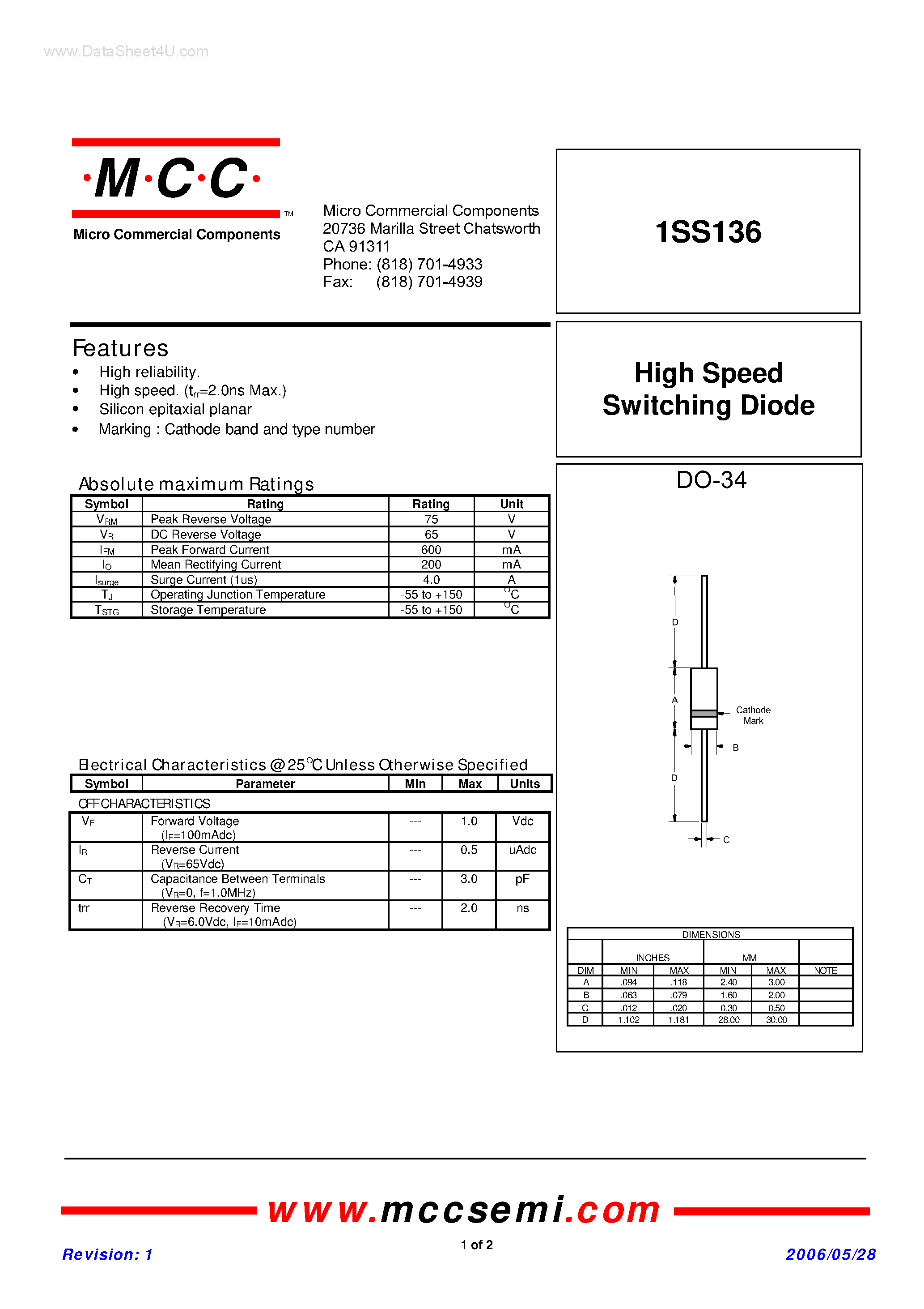 Даташит 1SS136 - High Speed Switching Diode страница 1