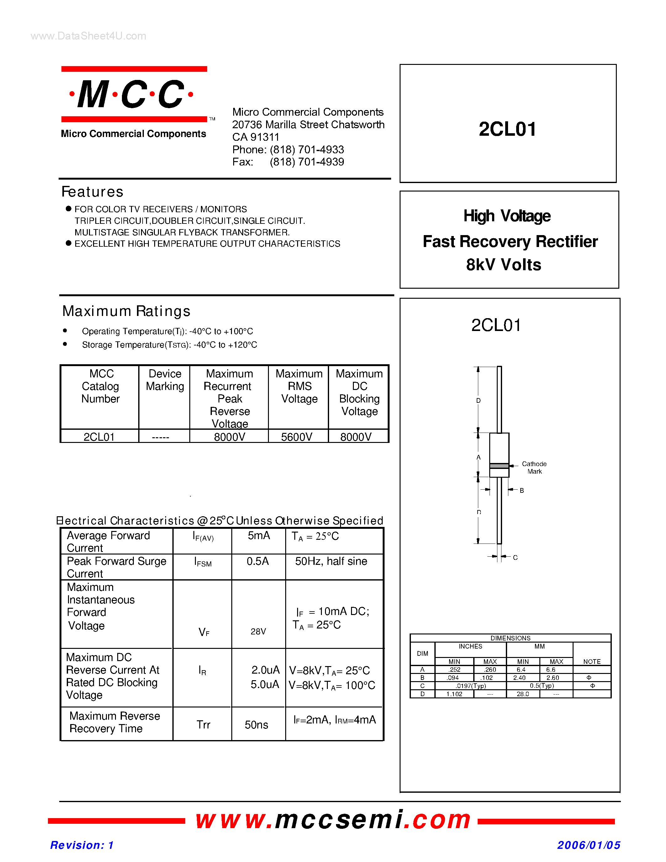 Datasheet 2CL01 page 1 Datasheet 2CL01 - High Voltage Fast Recovery Rectifier page 1