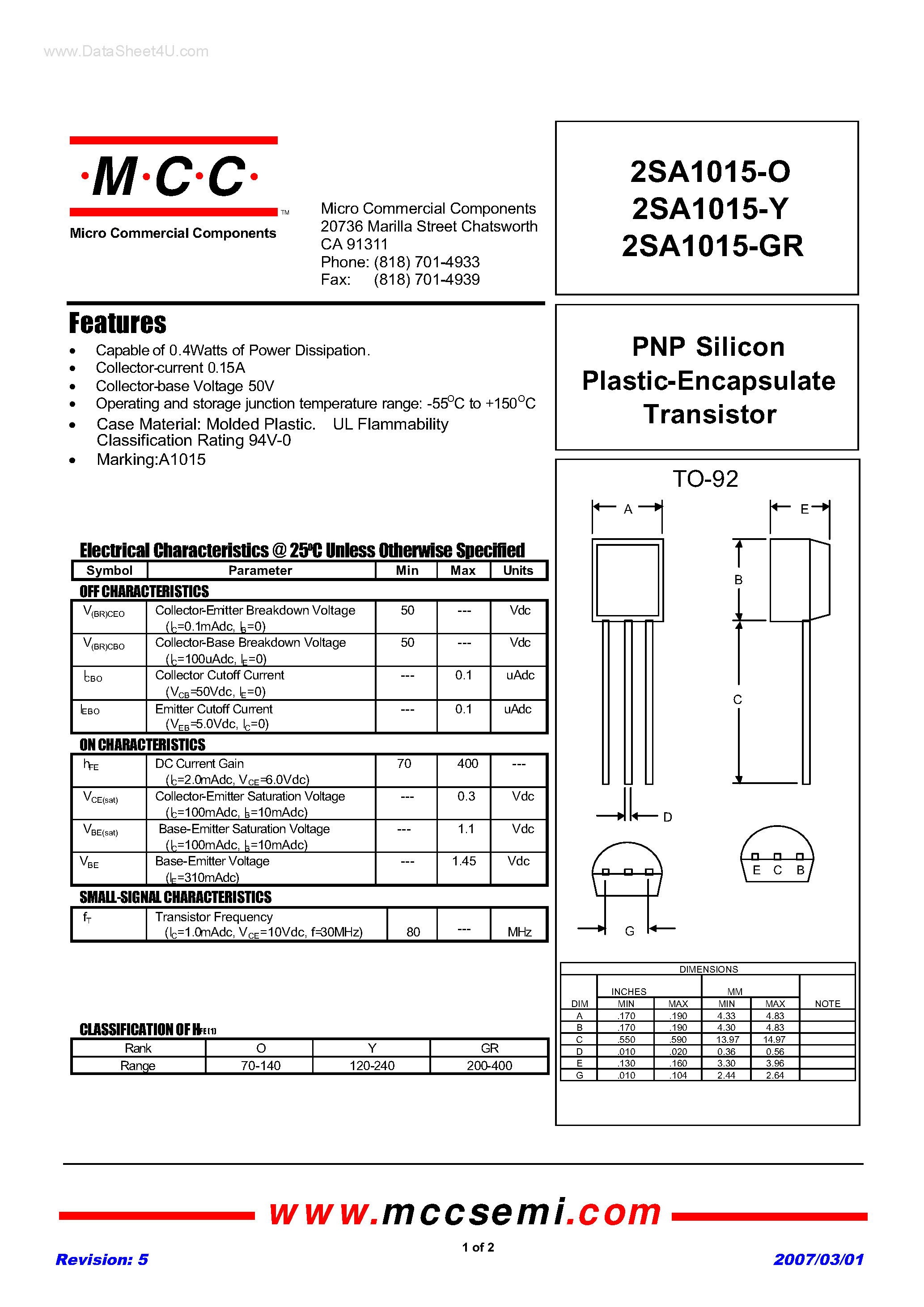 Даташит 2SA1015-GR - (2SA1015-xx) PNP Silicon Plastic-Encapsulate Transistor страница 1