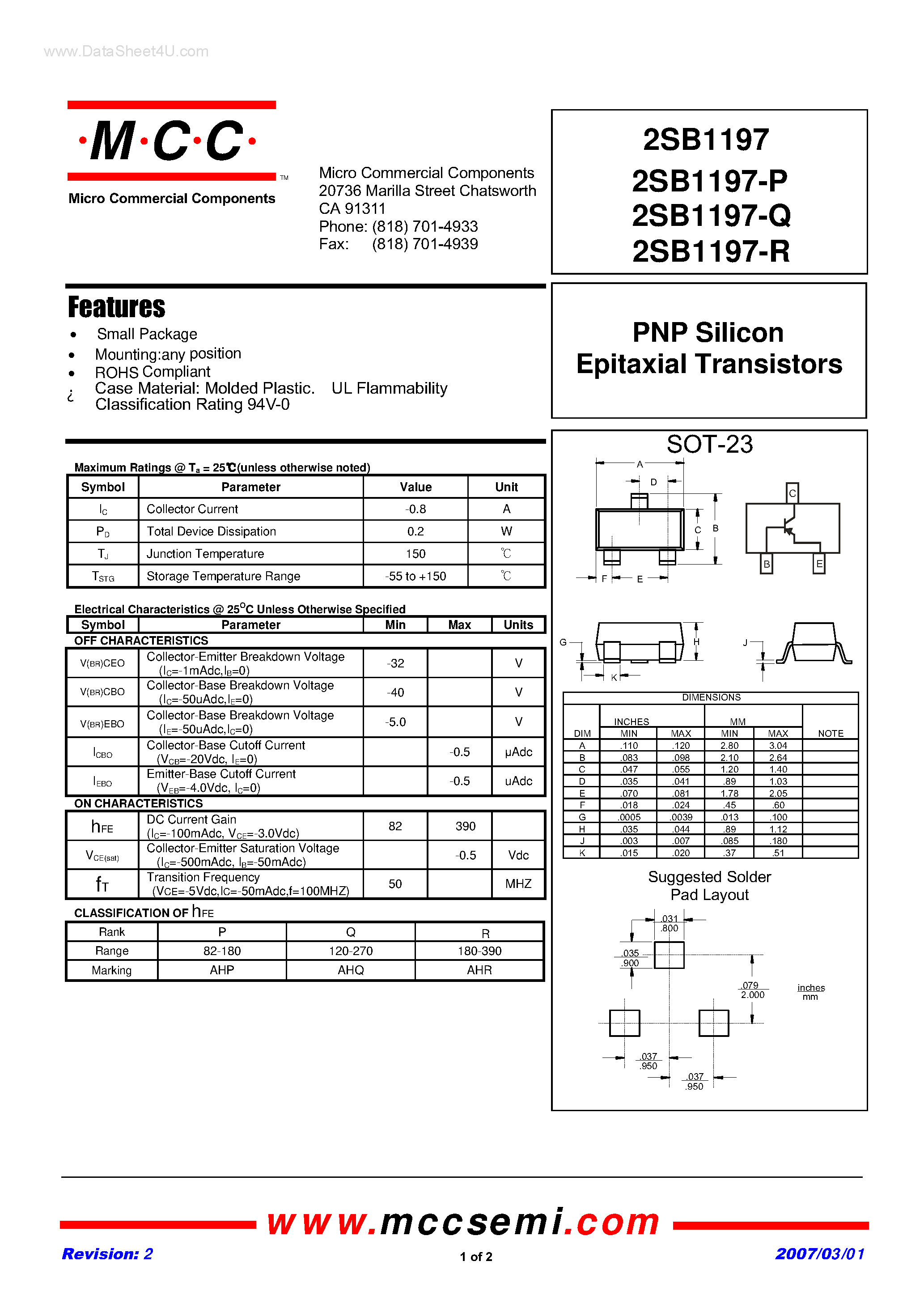 Даташит 2SB1197-(2SB1197-xx) PNP Silicon Epitaxial Transistors страница 1