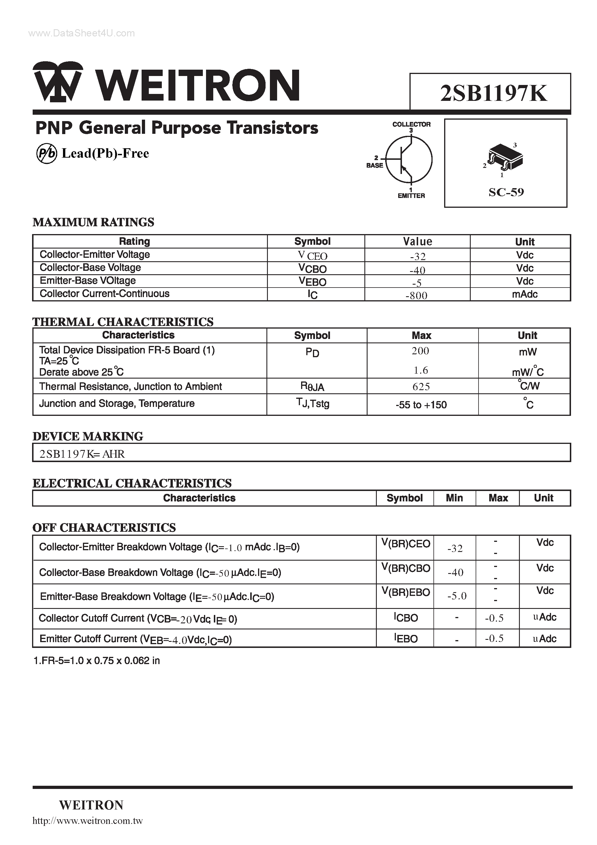 Даташит 2SB1197K - PNP General Purpose Transistors страница 1