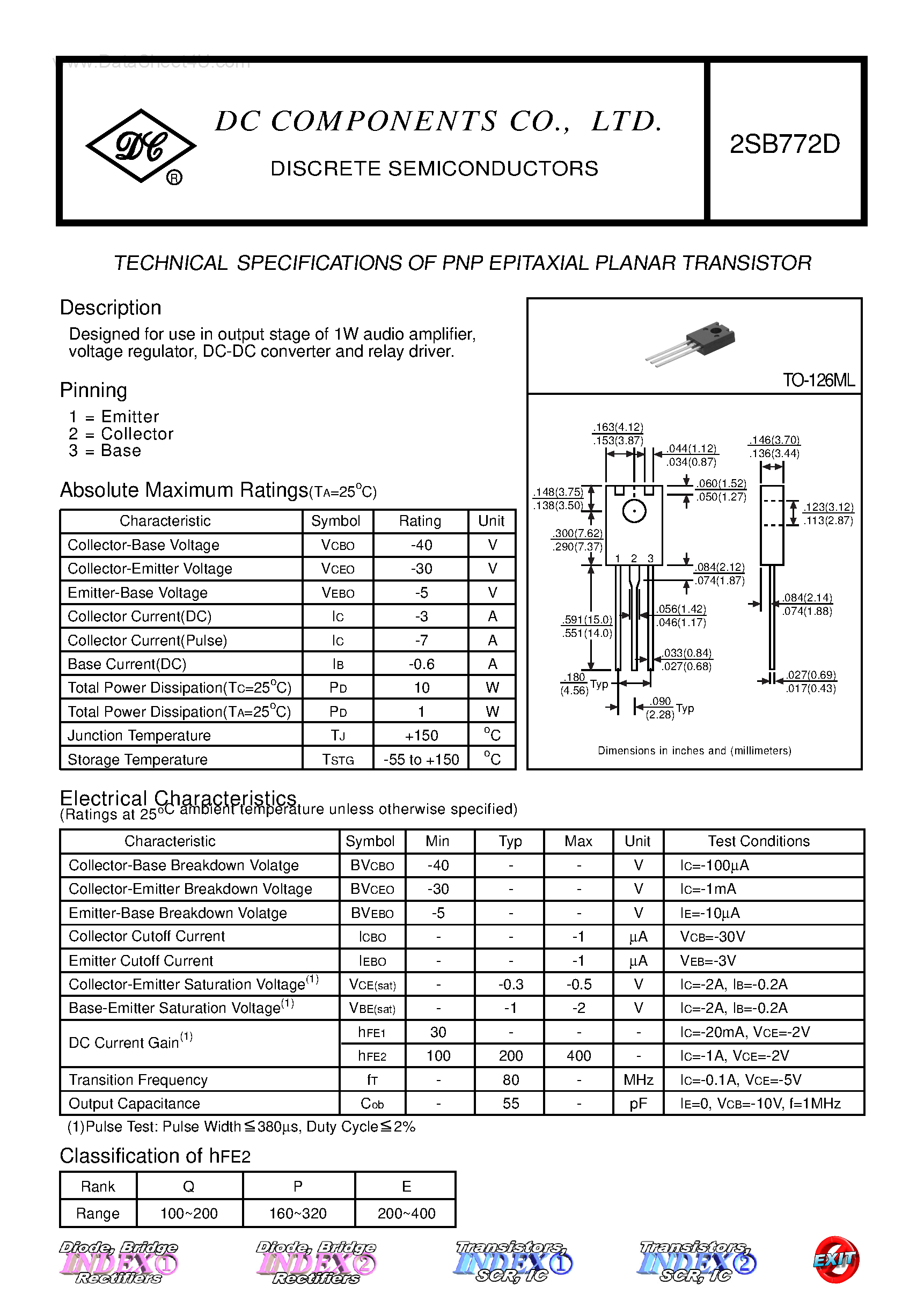 Даташит 2SB772D - TECHNICAL SPECIFICATIONS OF PNP EPITAXIAL PLANAR TRANSISTOR страница 1