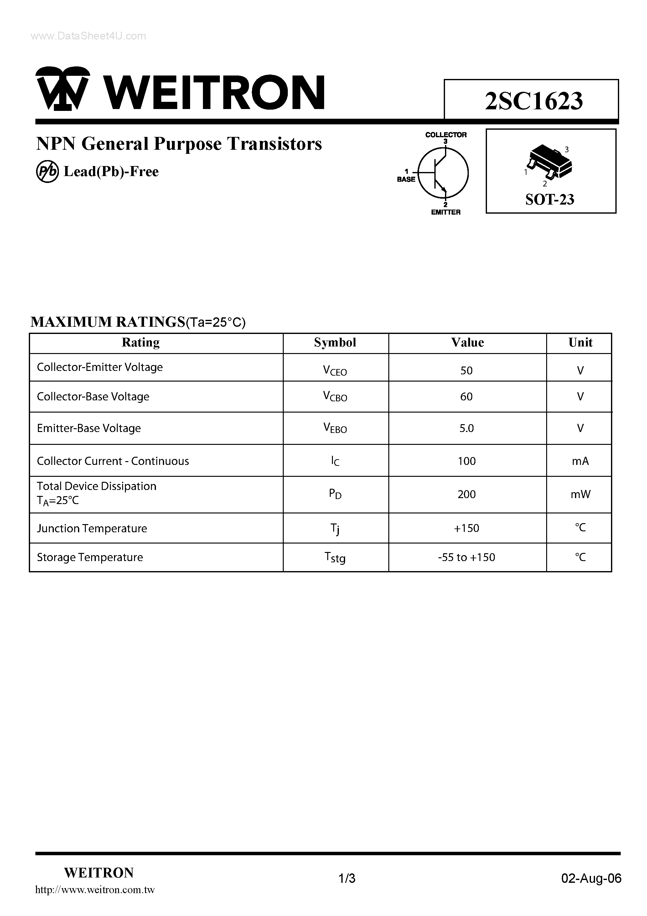 Datasheet 2SC1623 - NPN General Purpose Transistors page 1