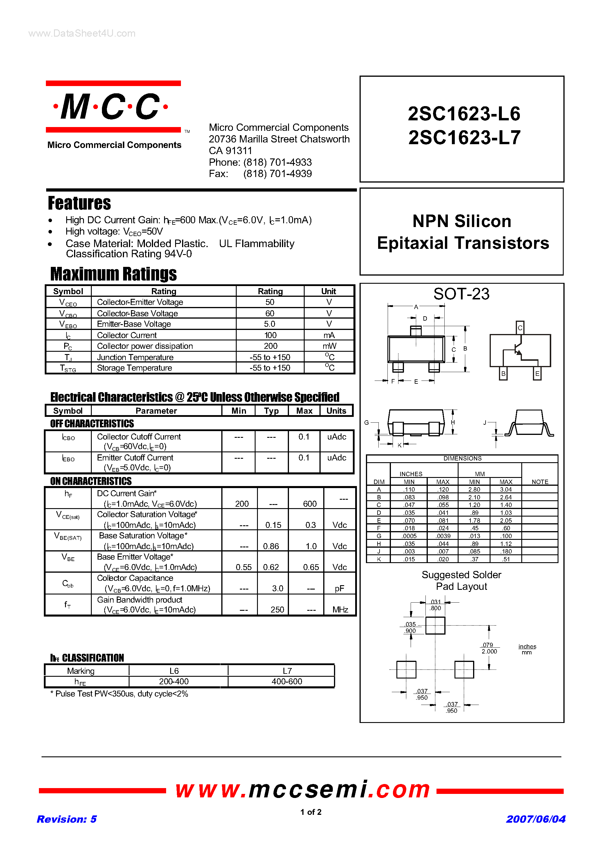 Datasheet 2SC1623-L6 - (2SC1623-L6/-L7) NPN Silicon Epitaxial Transistors page 1