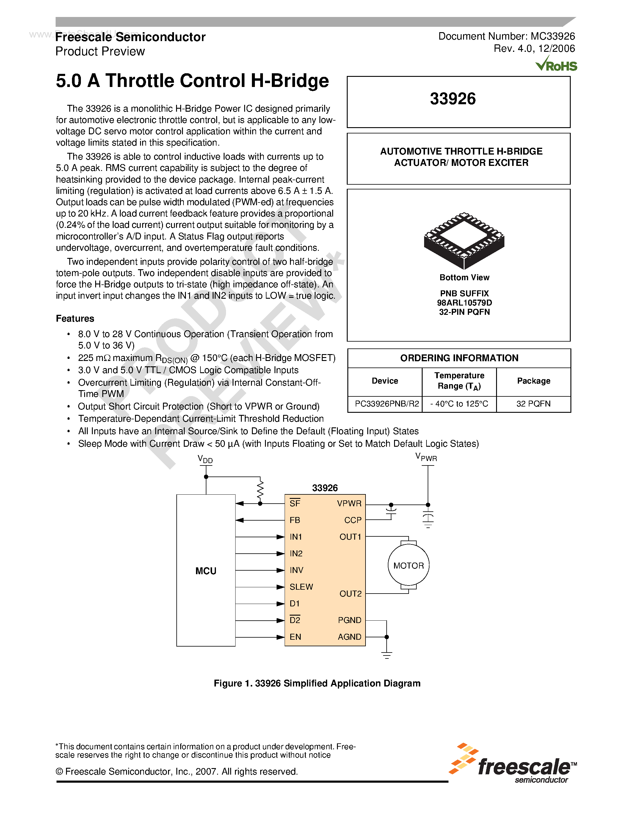 Datasheet PC33926 - Throttle Control H-Bridge page 1