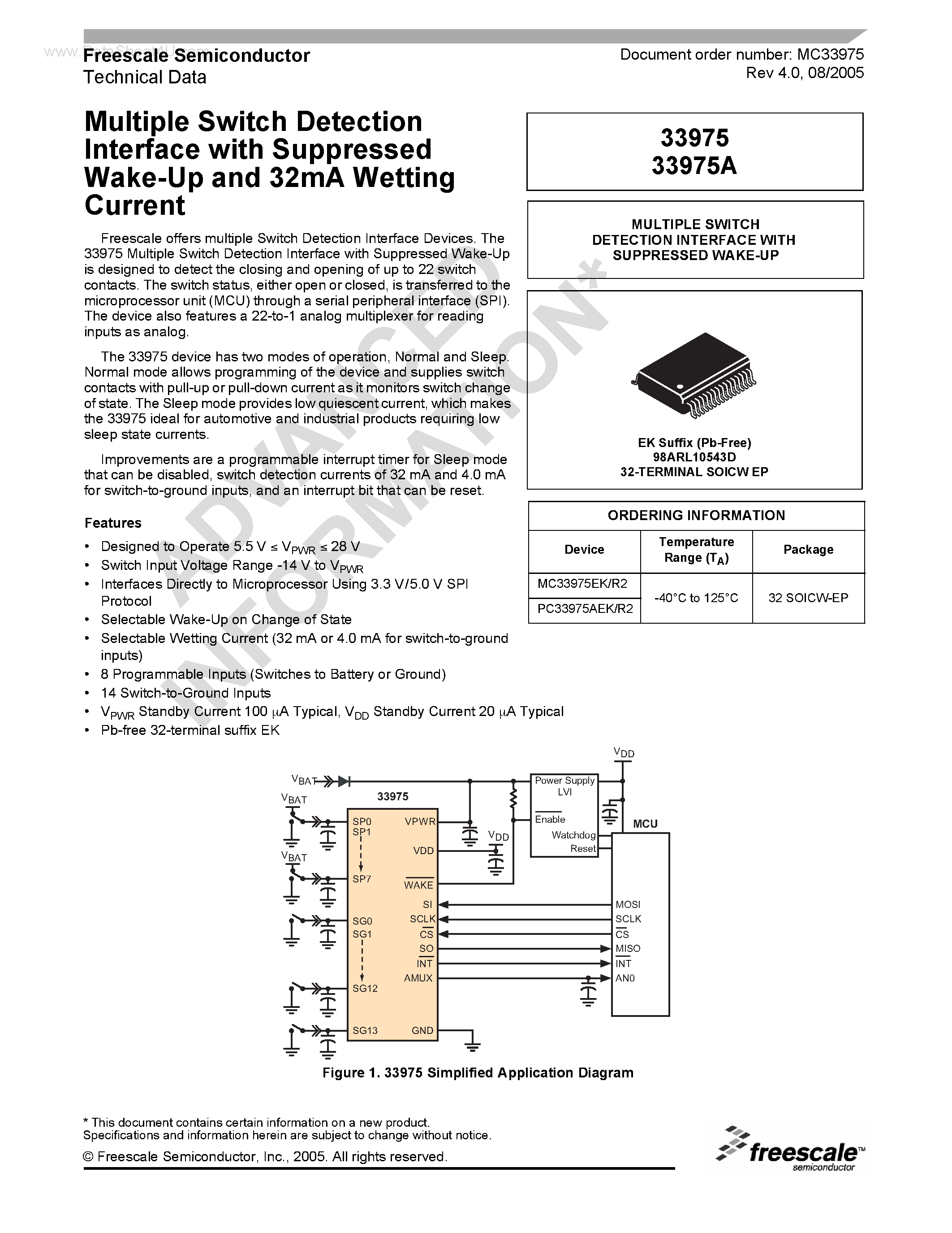 Datasheet MC33975 page 1 Datasheet MC33975 - Multiple Switch Detection Interface page 1