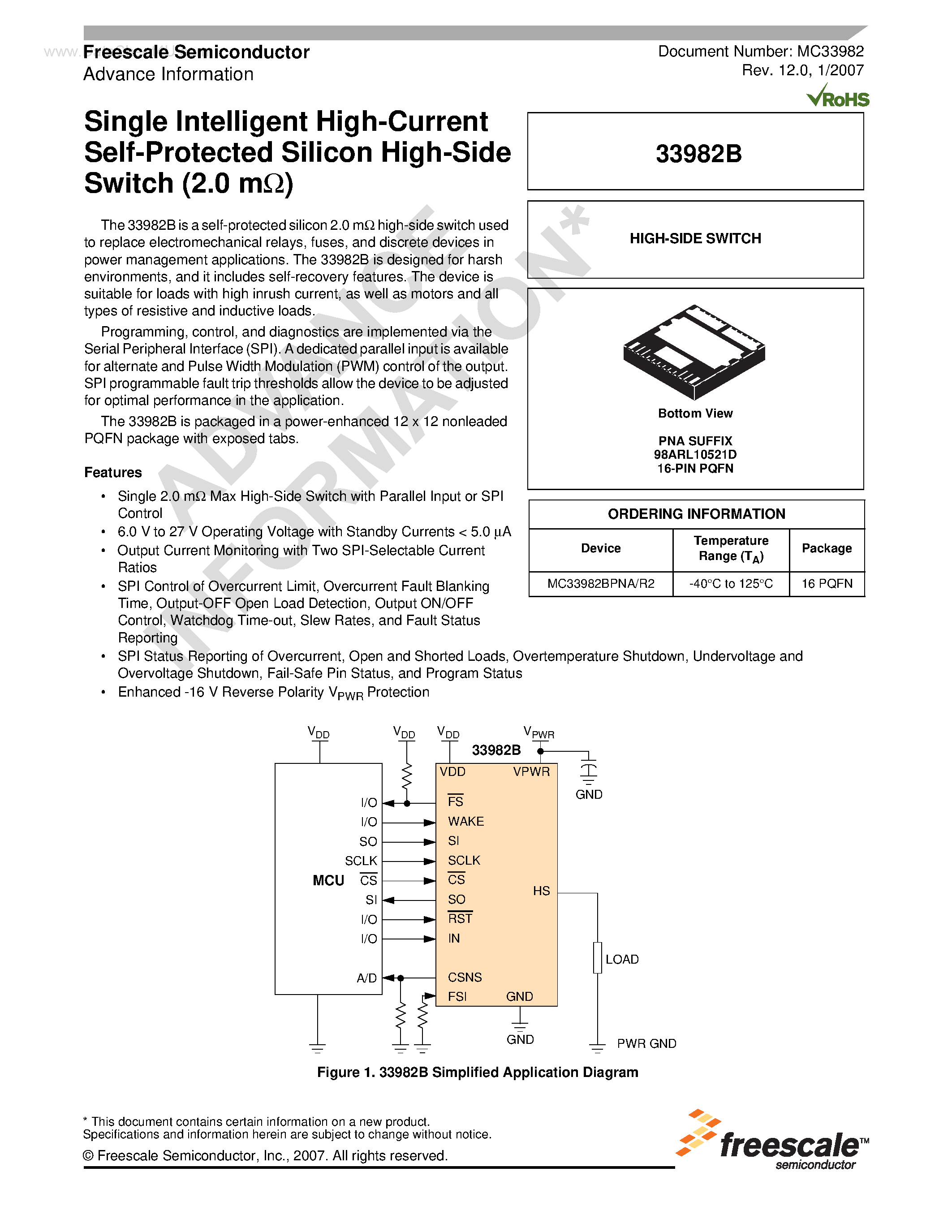 Даташит MC33982B - Single Intelligent High-Current Self-Protected Silicon High-Side Switch страница 1
