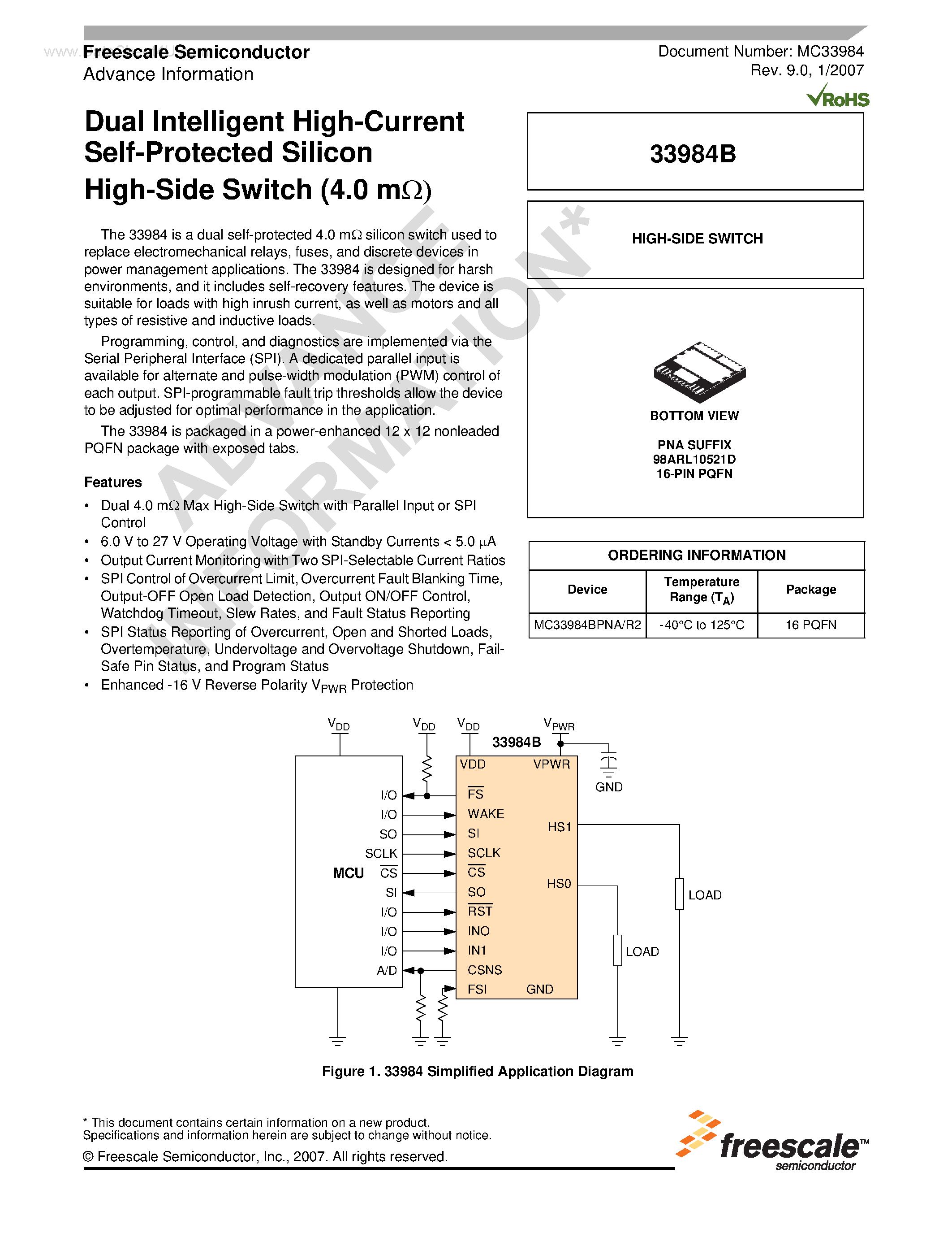 Datasheet MC33984B page 1 Datasheet MC33984B - Dual Intelligent High-Current Self Protected Silicon High-Side Switch page 1