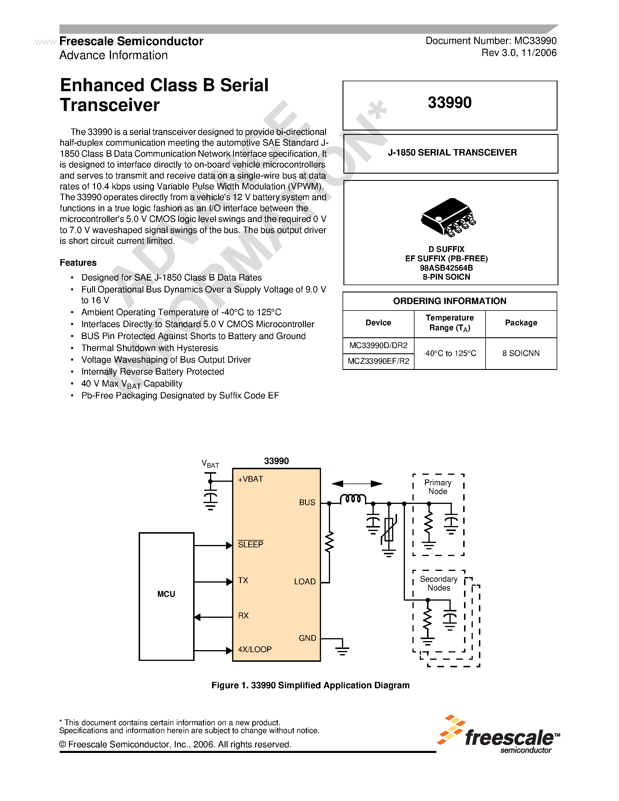 Datasheet MCZ33990 page 1 Datasheet MCZ33990 - Enhanced Class B Serial Transceiver page 1