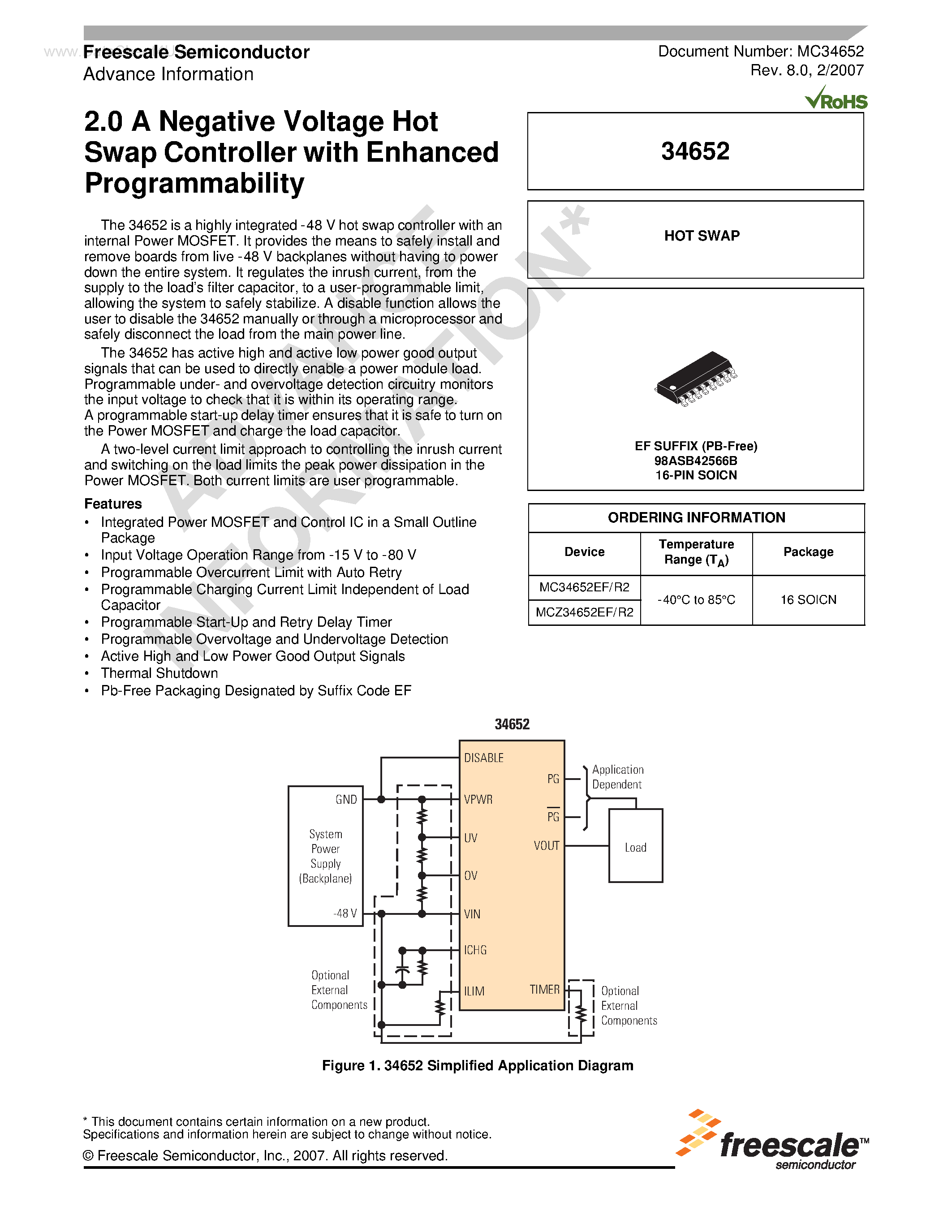 Datasheet MC34652 page 1 Datasheet MC34652 - Negative Voltage Hot Swap Controller page 1