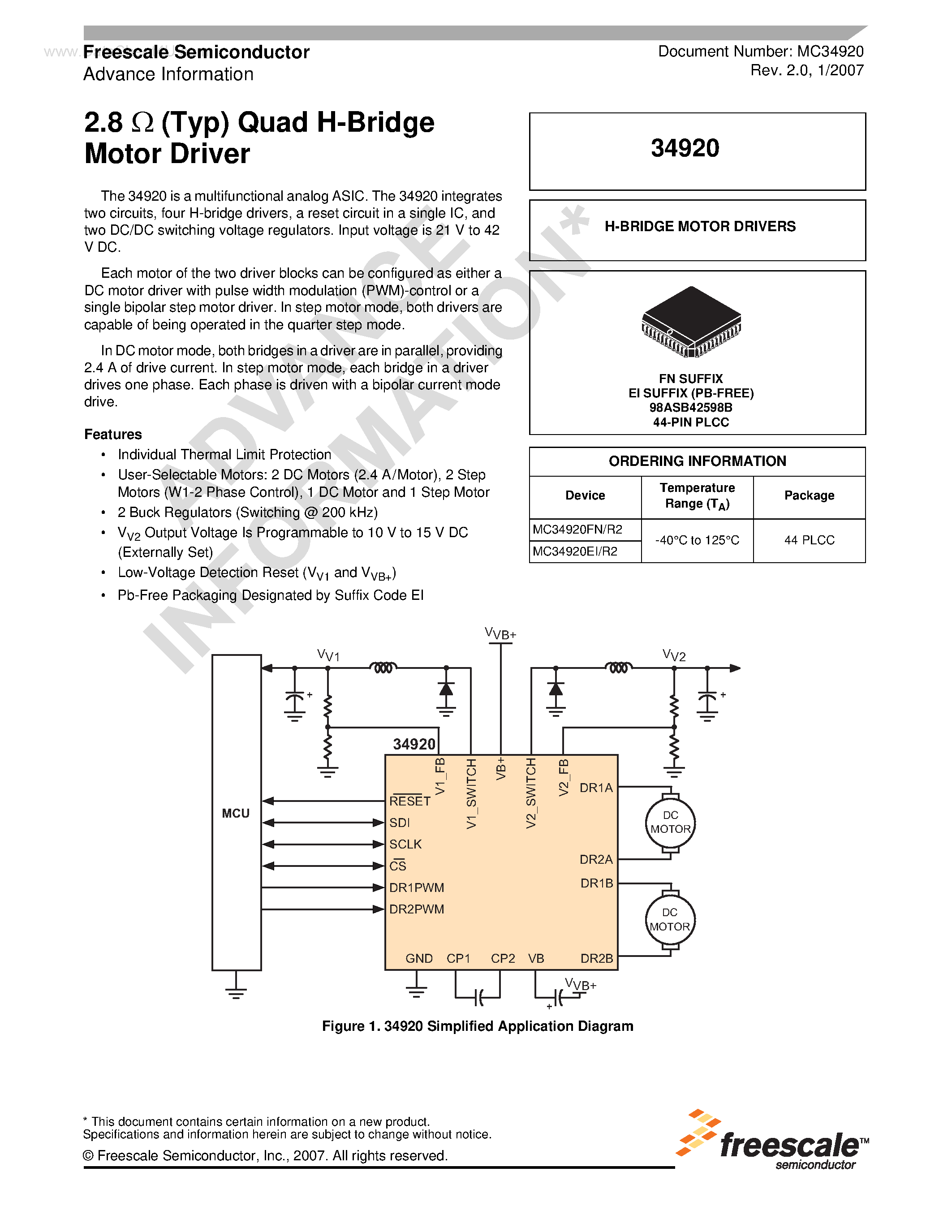 Datasheet 34920 - Quad H-Bridge Motor Driver page 1