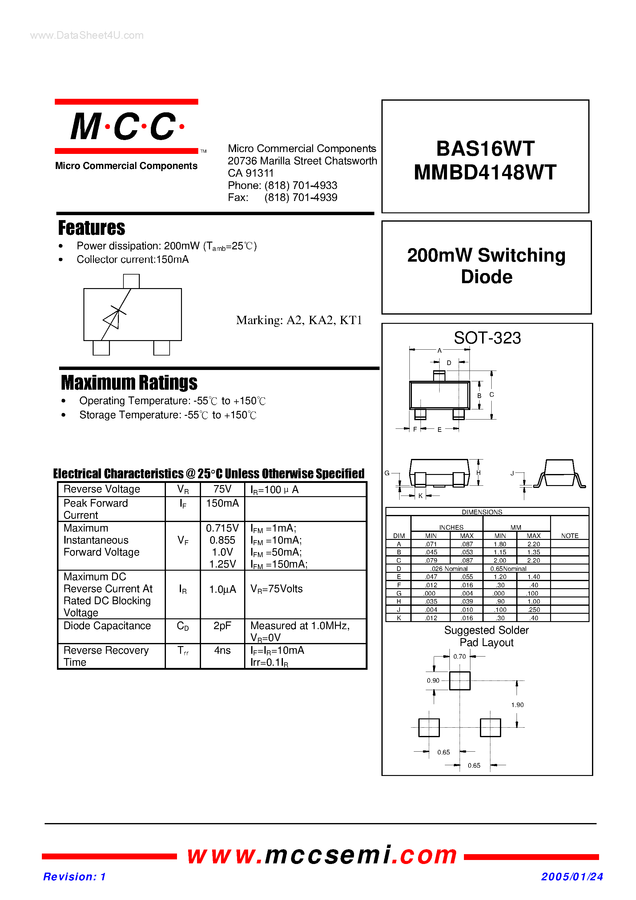 Datasheet BAS16WT page 1 Datasheet BAS16WT - Switching Diode page 1