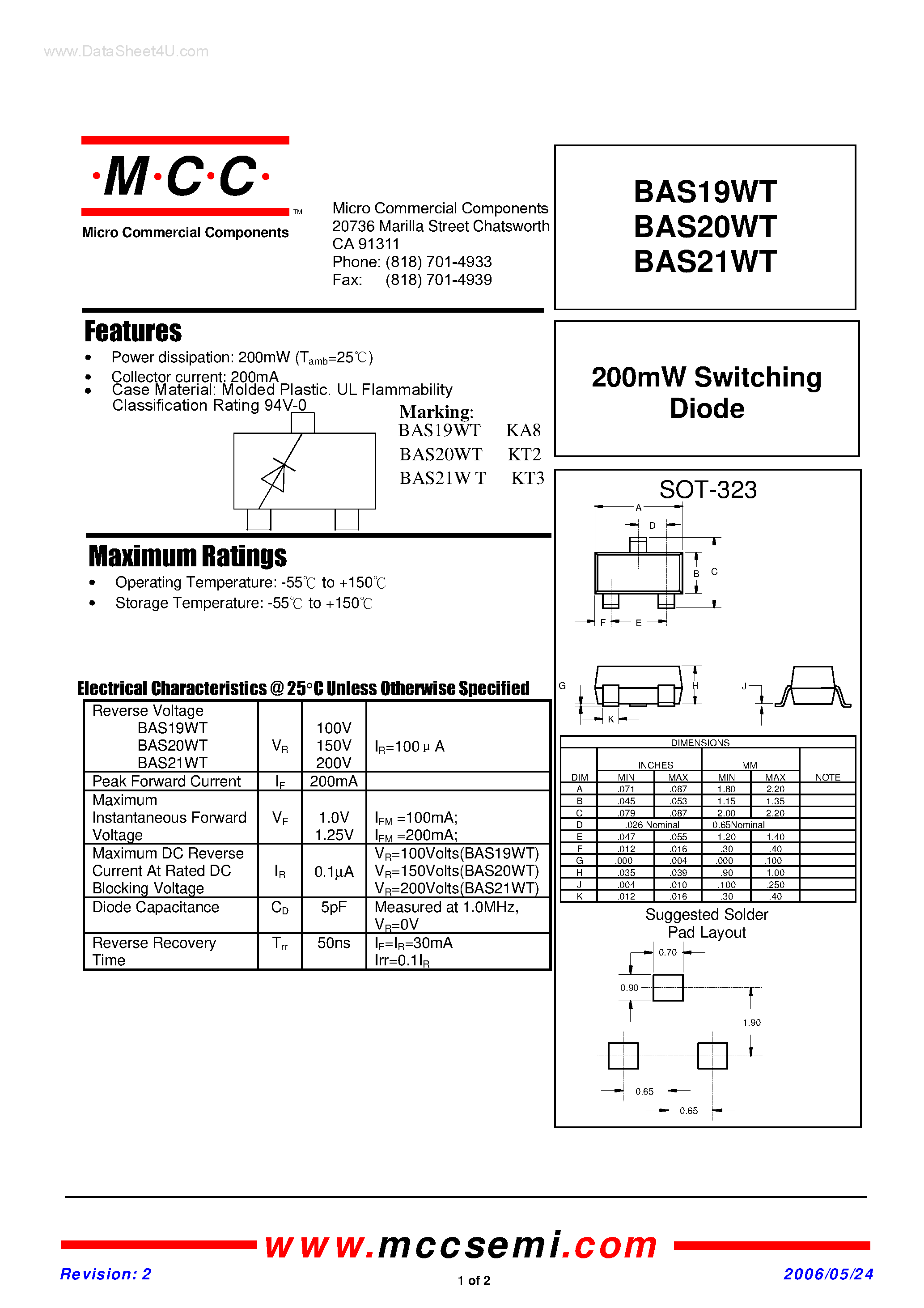 Datasheet BAS19WT - (BAS19WT - BAS21WT) Switching Diode page 1