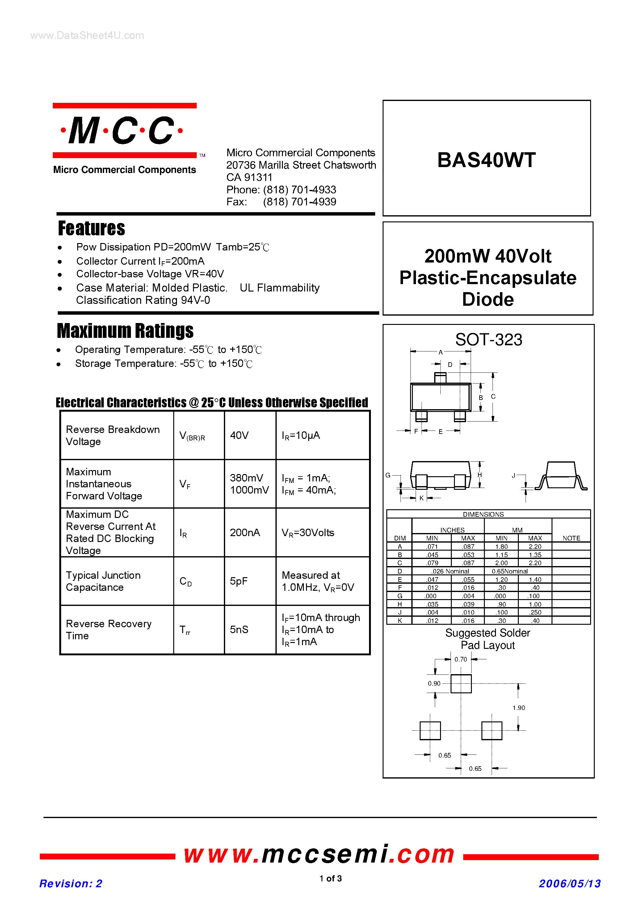 Datasheet BAS40WT - Plastic-Encapsulate Diode page 1