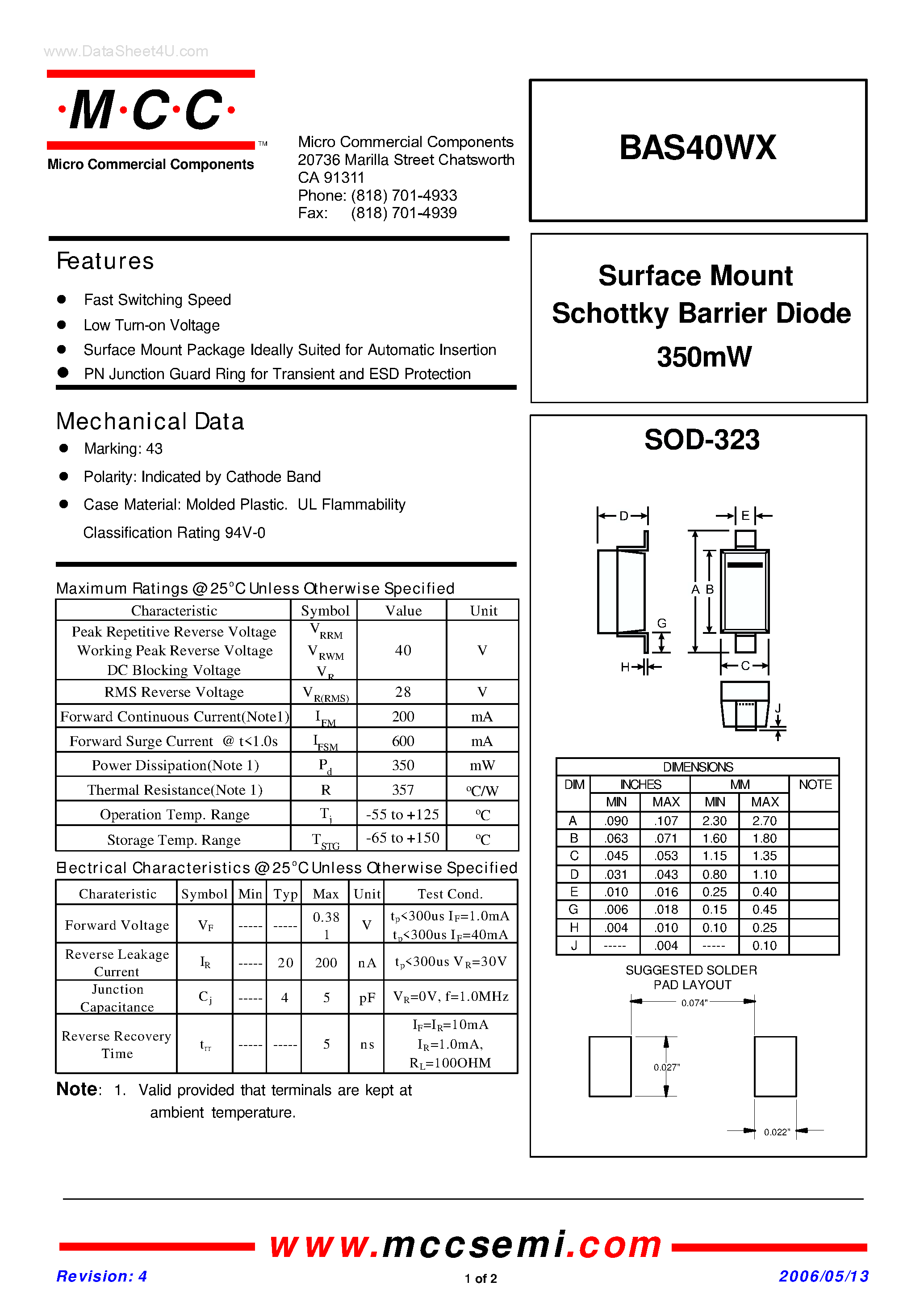 Datasheet BAS40WX - Surface Mount Schottky Barrier Diode page 1