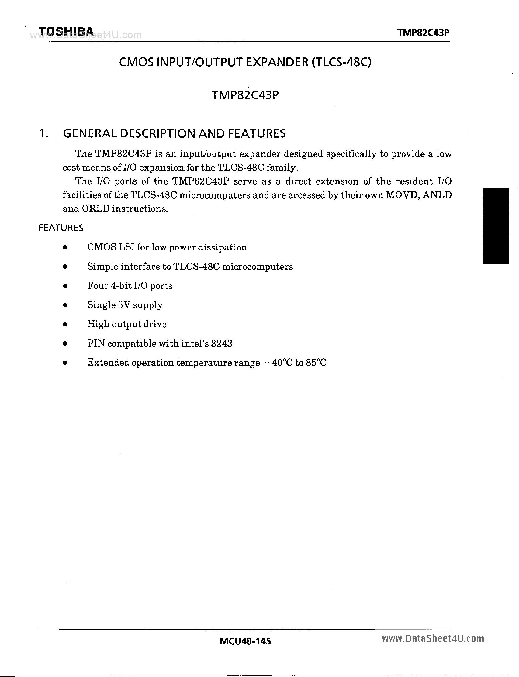 Даташит TMP82C43P - CMOS Input/Output Expander страница 1