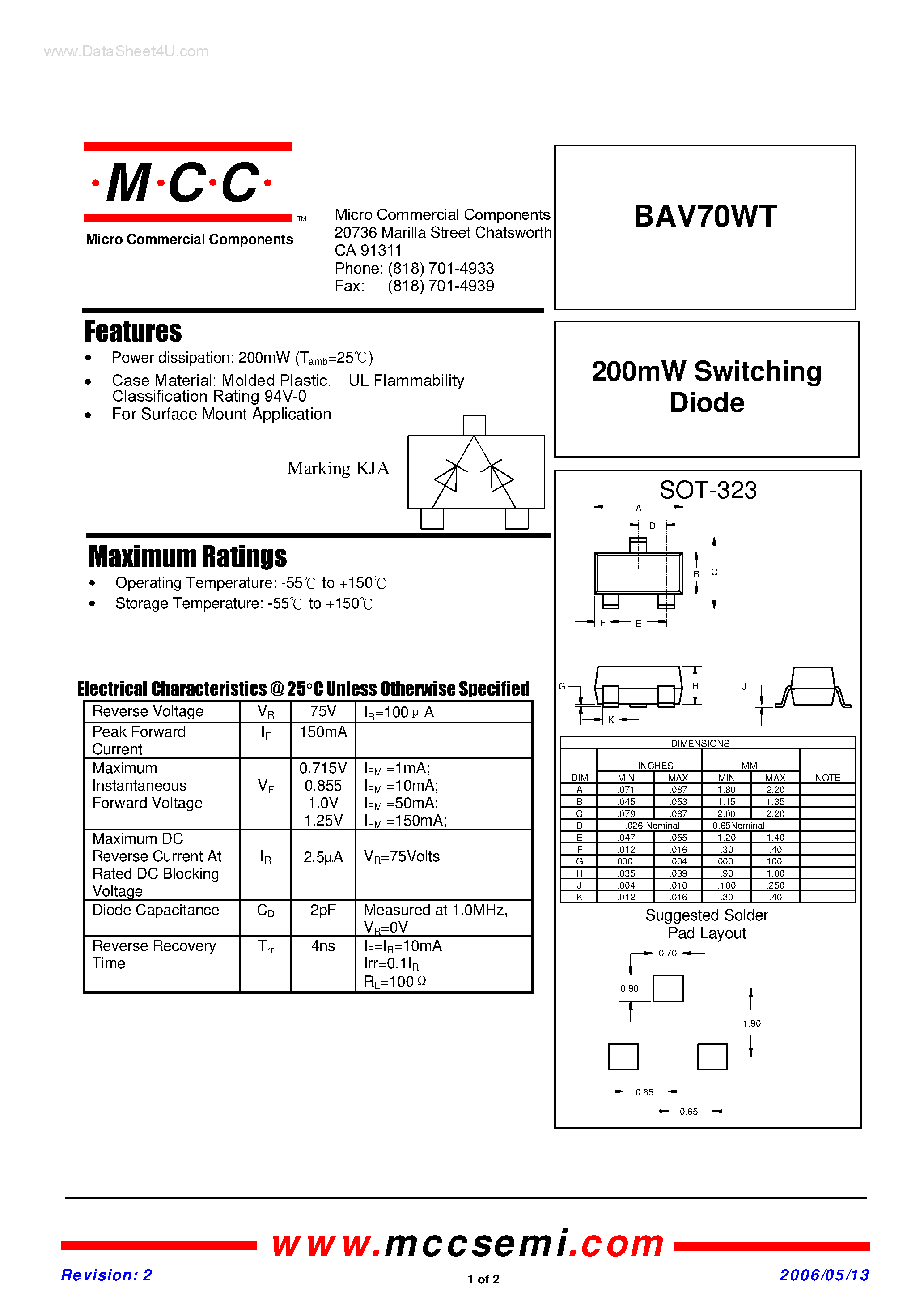 Datasheet BAV70WT page 1 Datasheet BAV70WT - Switching Diode page 1