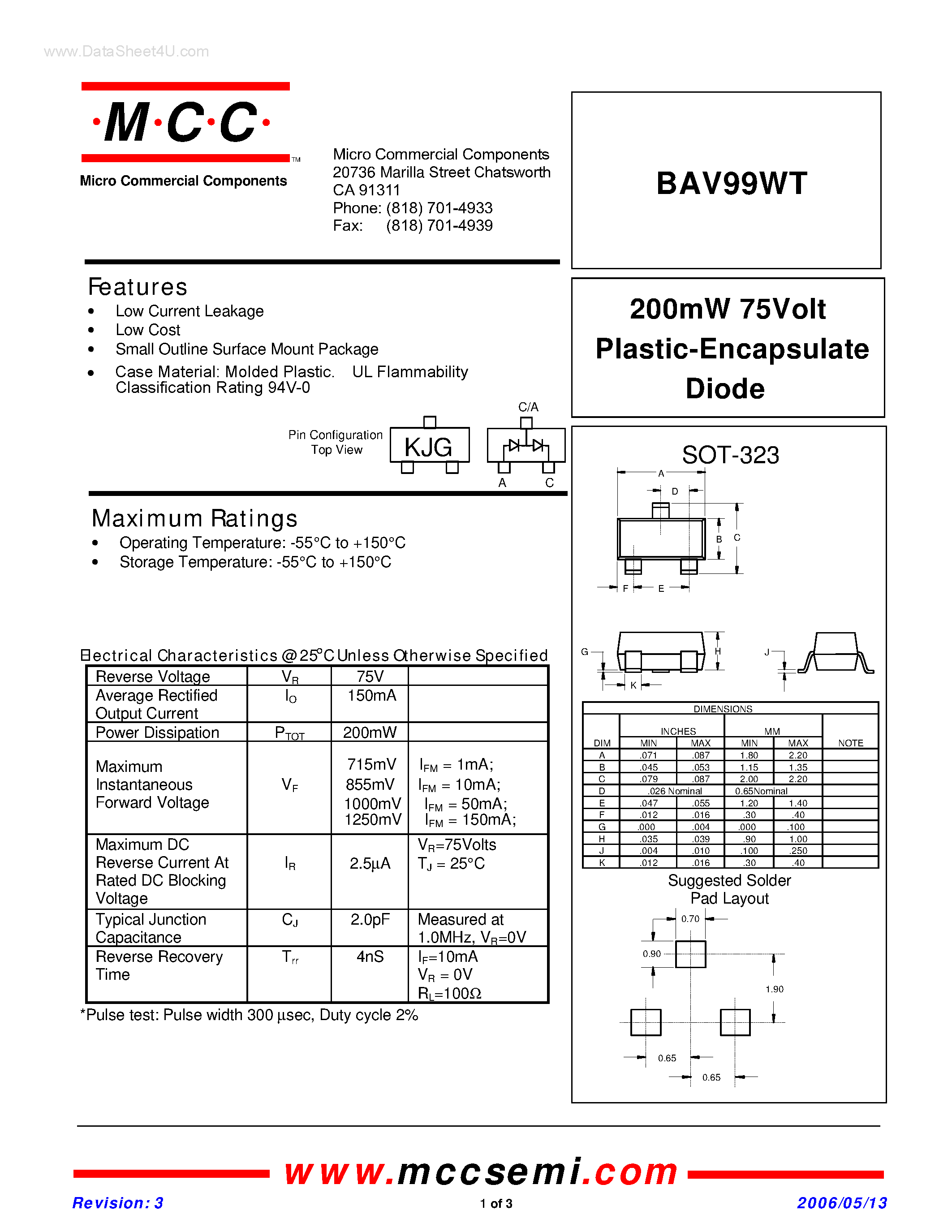 Datasheet BAV99WT page 1 Datasheet BAV99WT - Plastic-Encapsulate Diode page 1