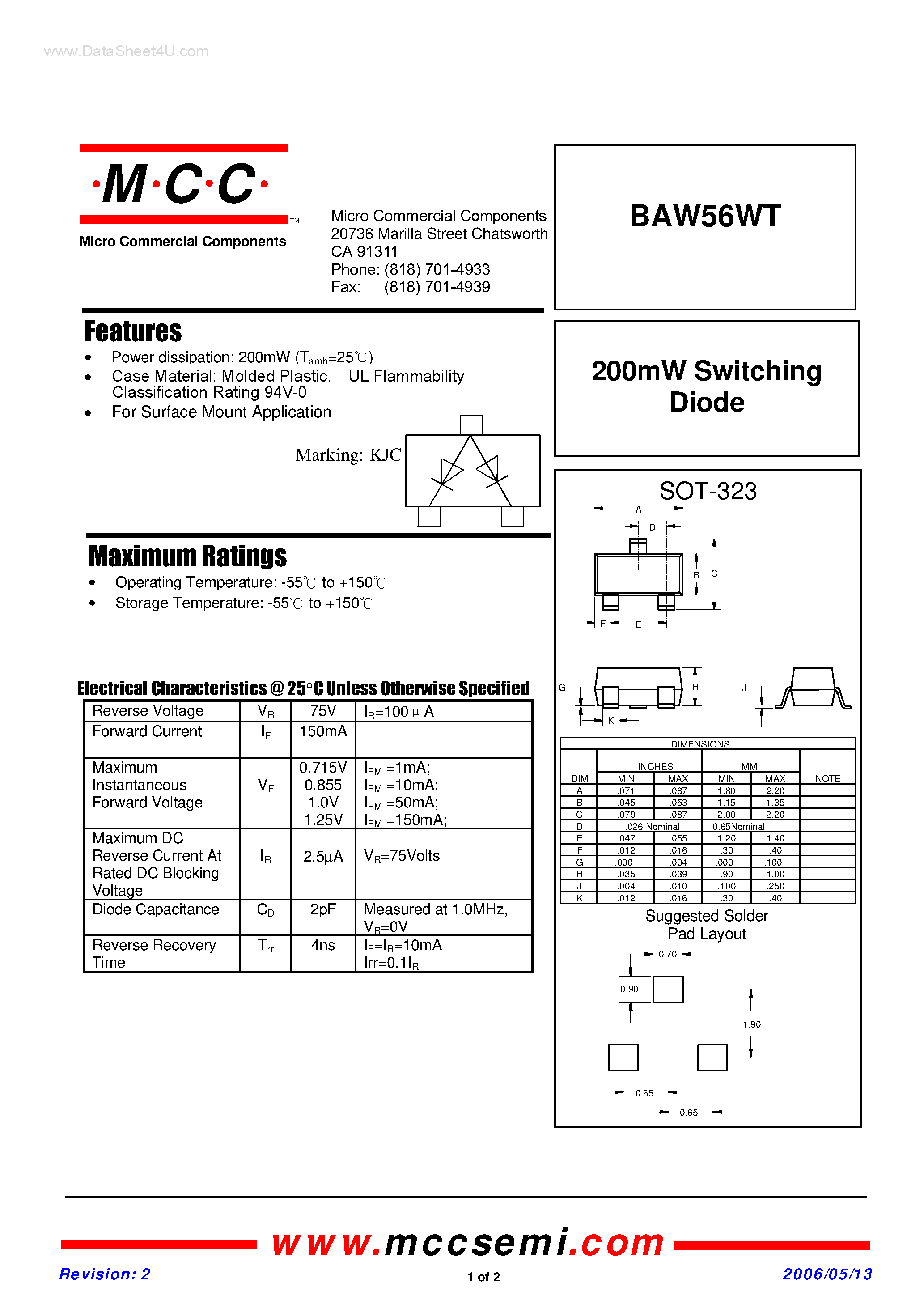 Datasheet BAW56WT page 1 Datasheet BAW56WT - Switching Diode page 1