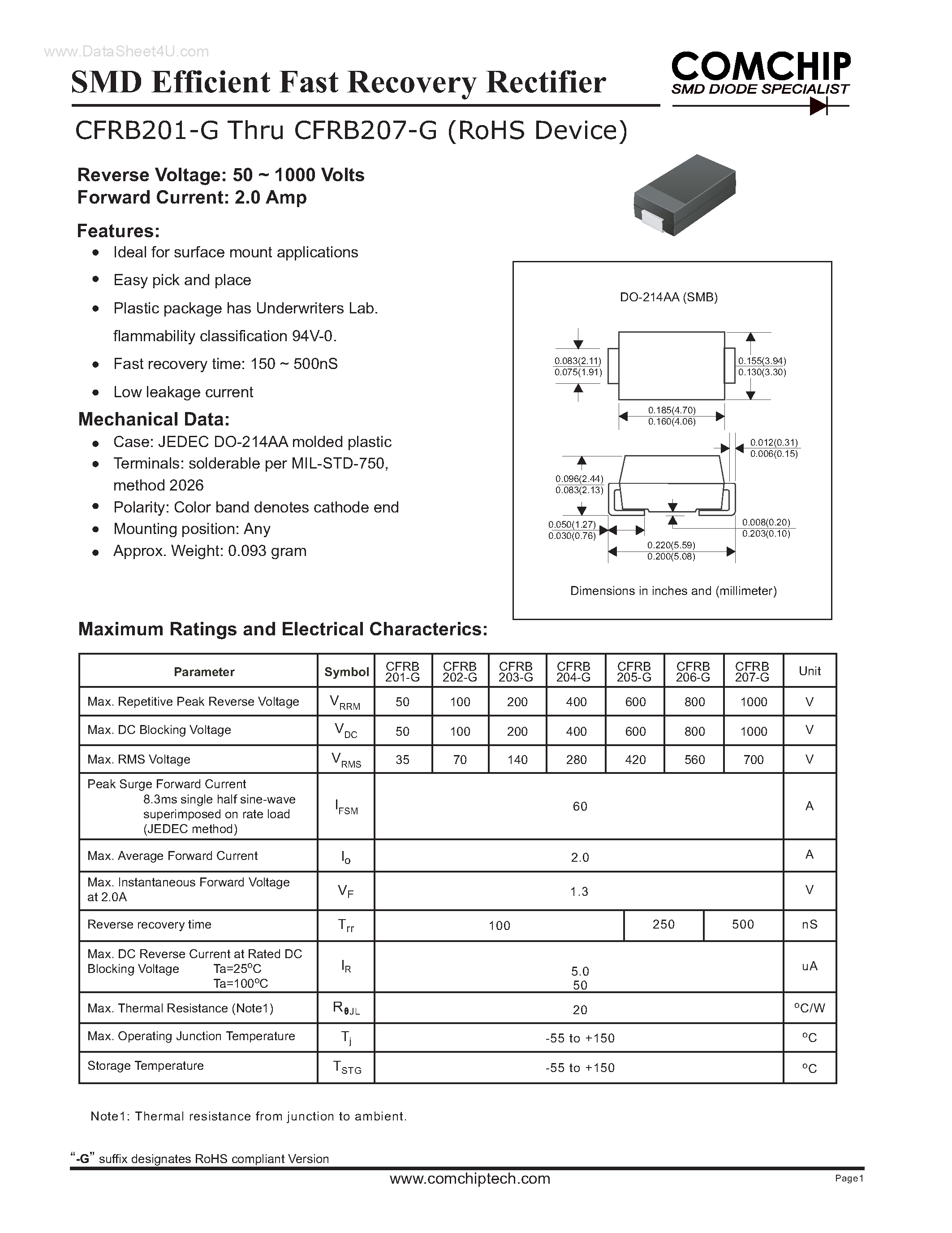 Даташит CFRB201-G - (CFRB201-G - CFRB207-G) SMD Efficient Fast Recovery Rectifier страница 1