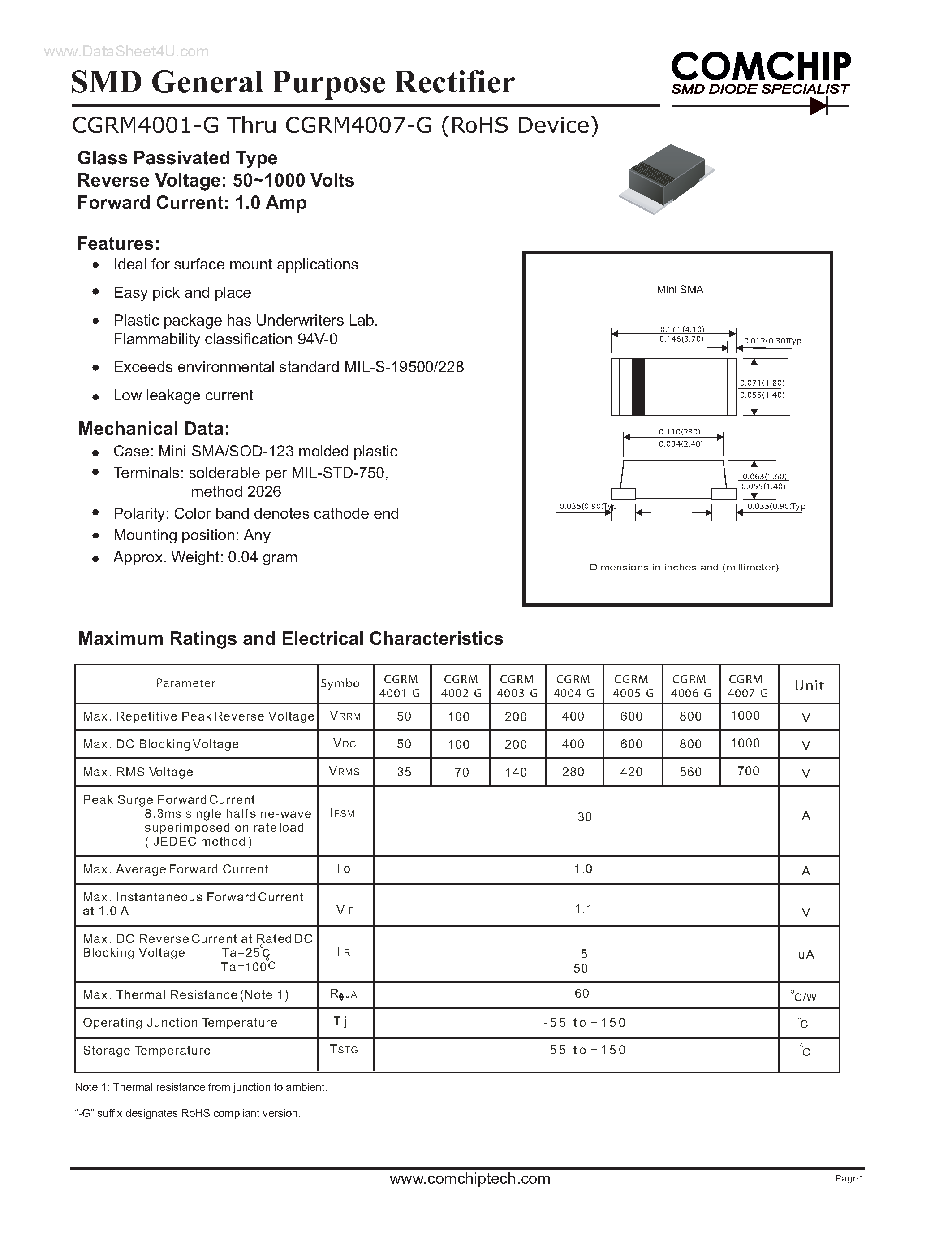 Даташит CGRM4001-G - (CGRM4001-G - CGRM4007-G) SMD General Purpose Rectifier страница 1