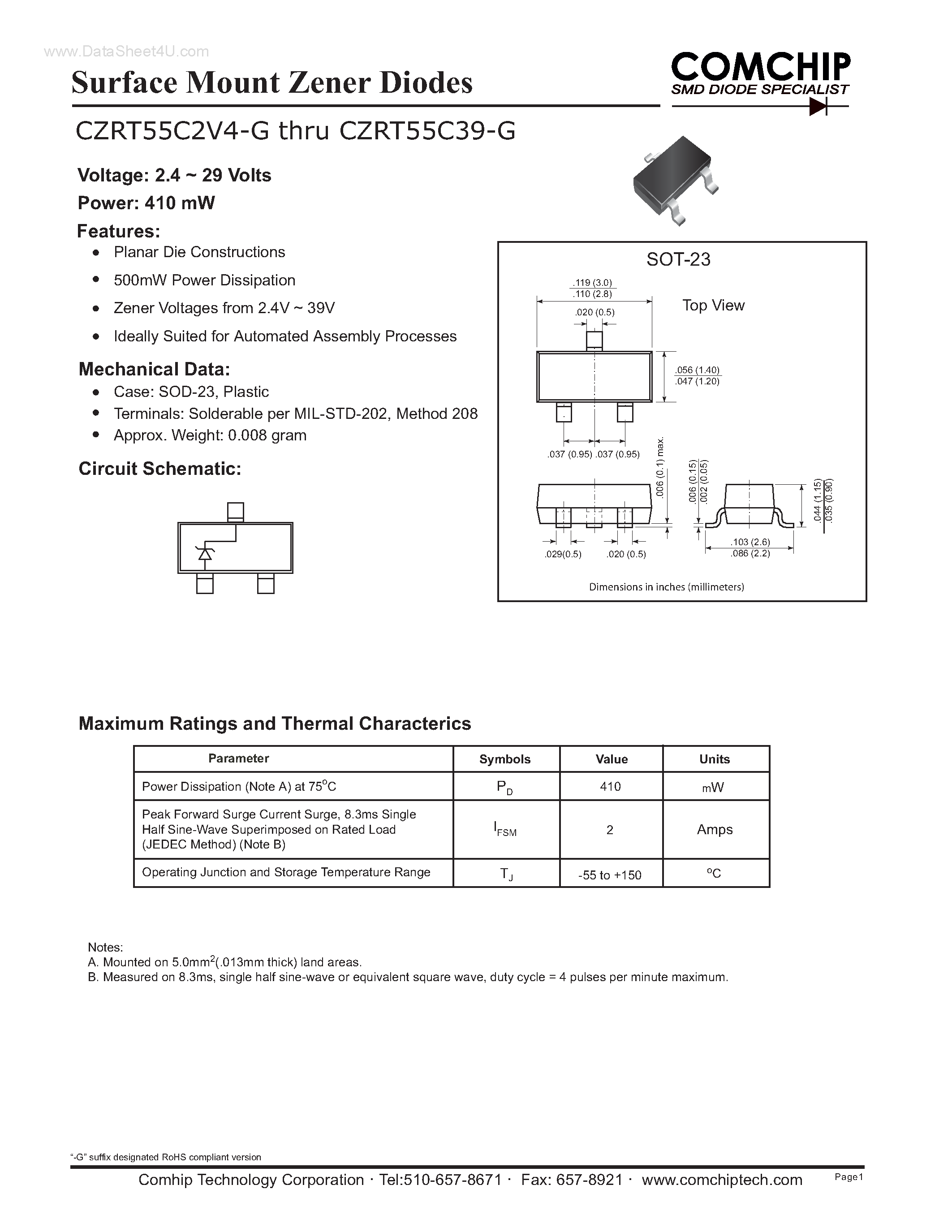 Даташит CZRT55C10-G - (CZRT55Cxxx-G) Surface Mount Zener Diodes страница 1