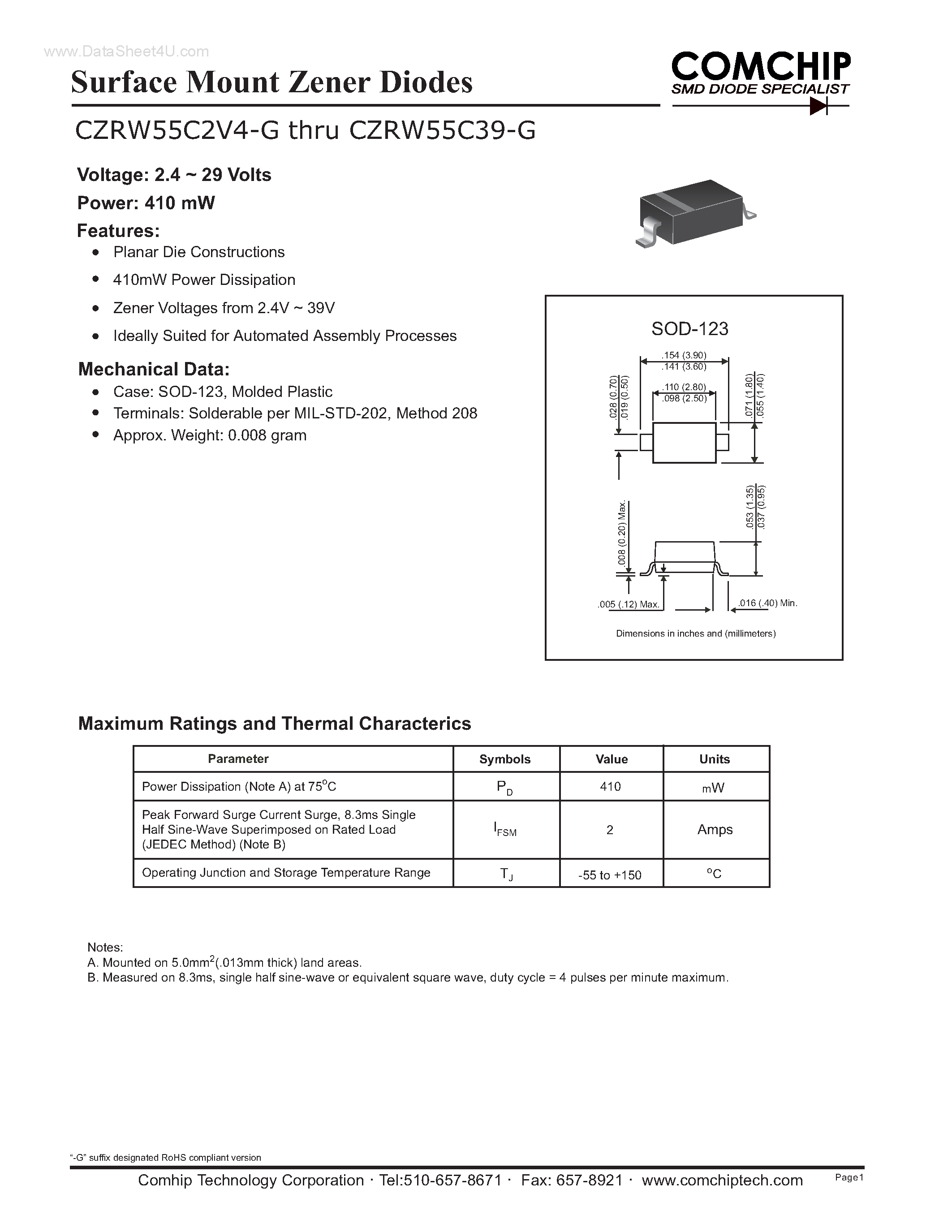 Даташит CZRW55C10-G - (CZRW55C2V4-G -CZRW55C39-G) Surface Mount Zener Diodes страница 1