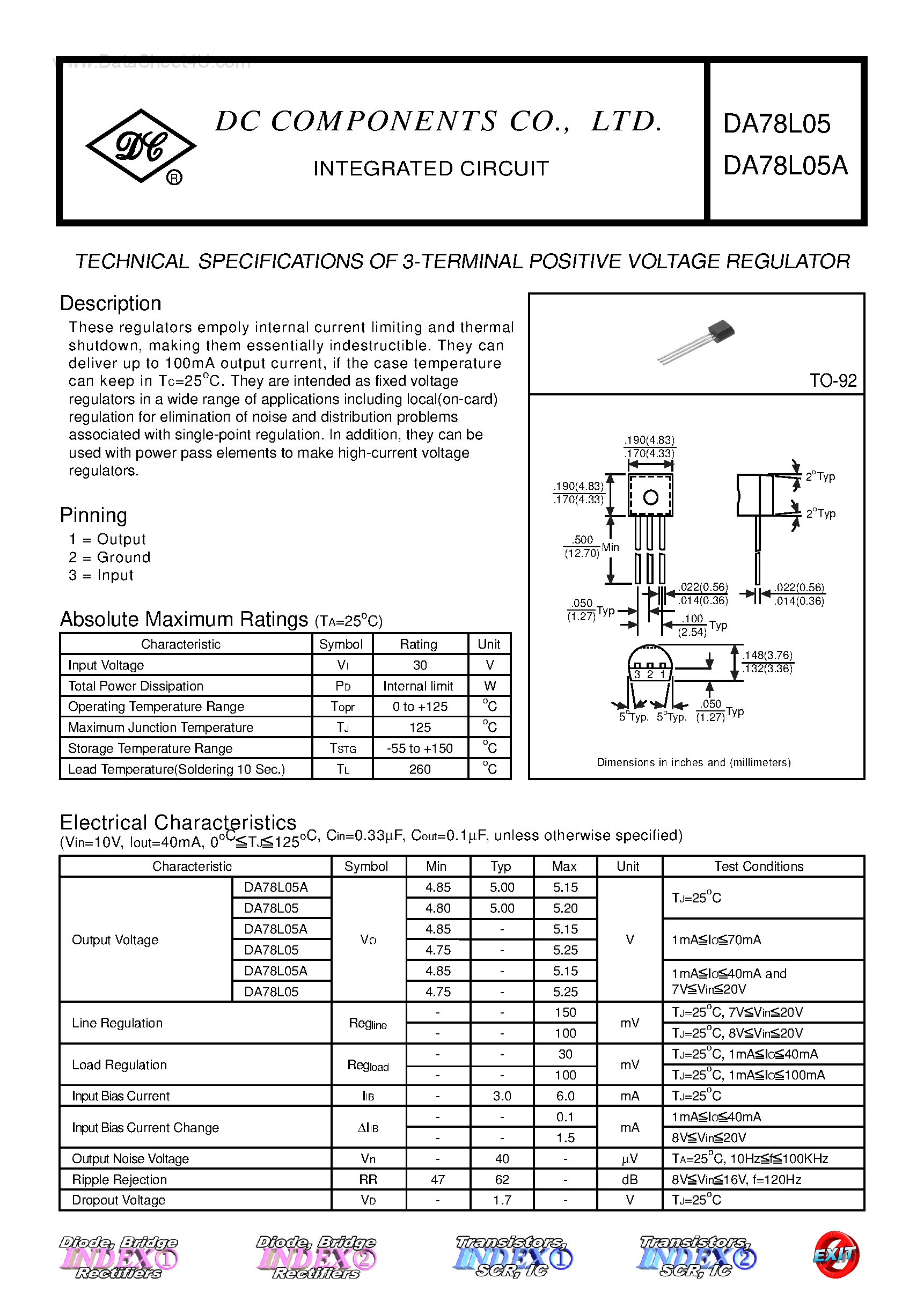 Datasheet DA78L05 page 1 Datasheet DA78L05 - TECHNICAL SPECIFICATIONS OF 3-TERMINAL POSITIVE VOLTAGE REGULATOR page 1