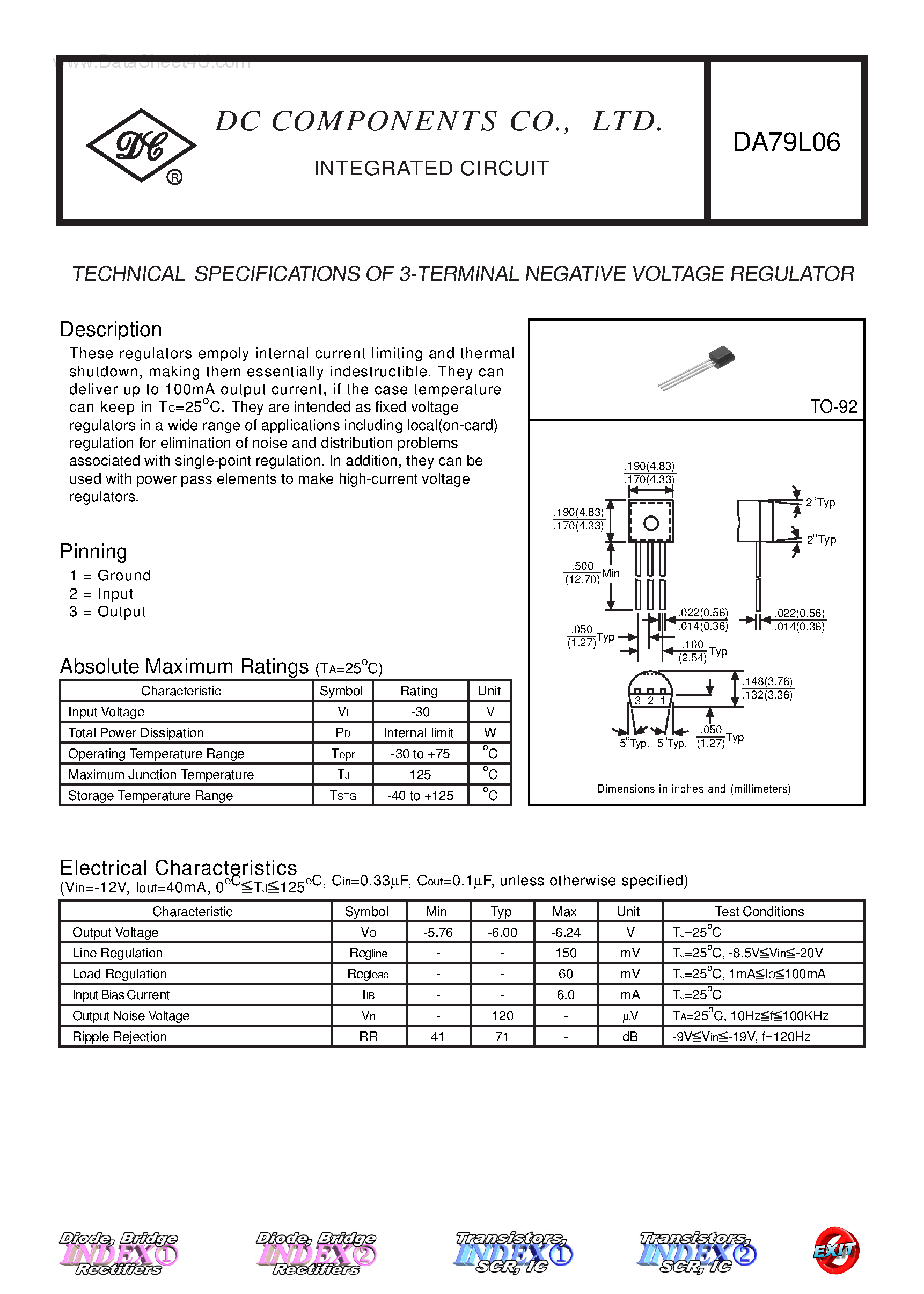 Datasheet DA79L06 page 1 Datasheet DA79L06 - TECHNICAL SPECIFICATIONS OF 3-TERMINAL POSITIVE VOLTAGE REGULATOR page 1