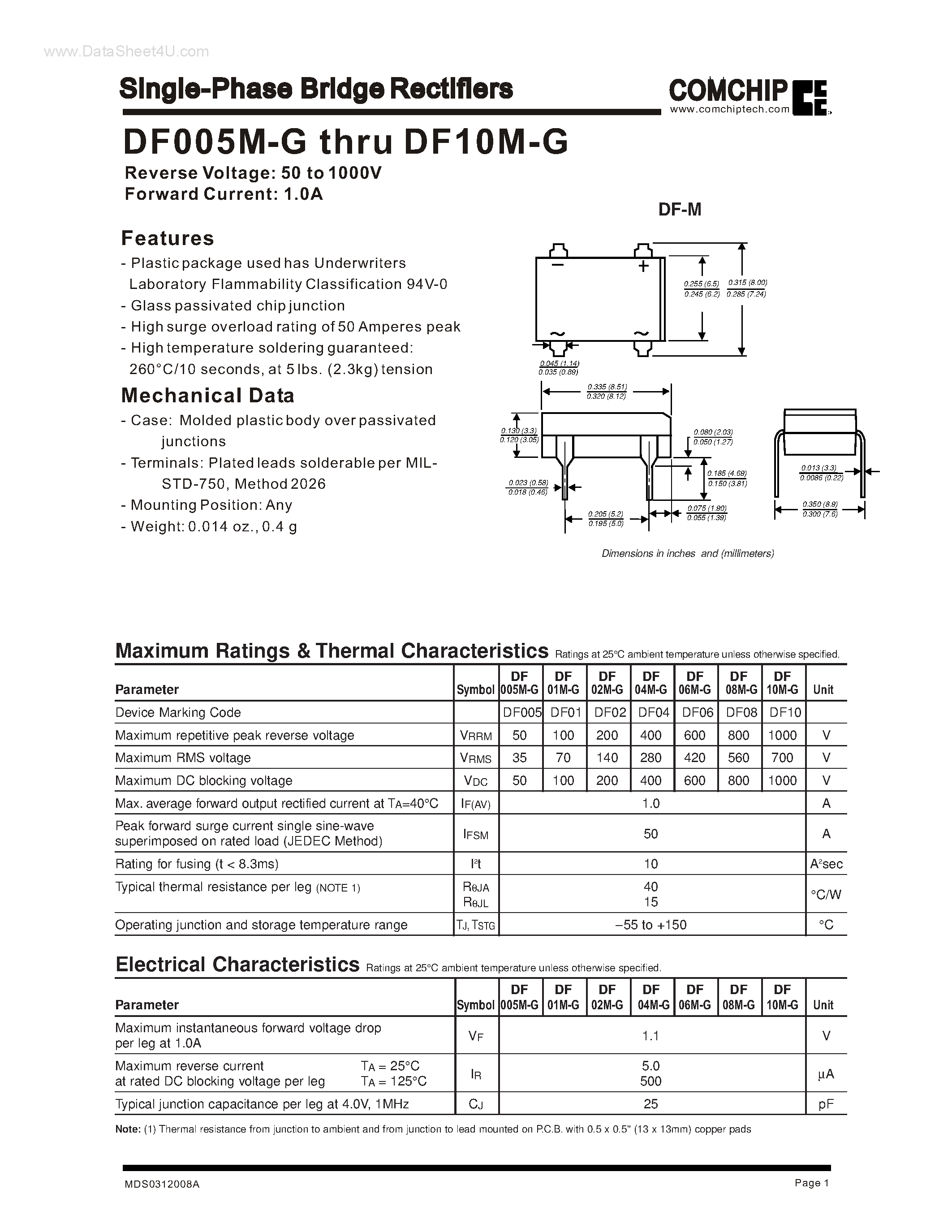 Datasheet DF10M-G - Single-Phase Bridge Rectifiers page 1