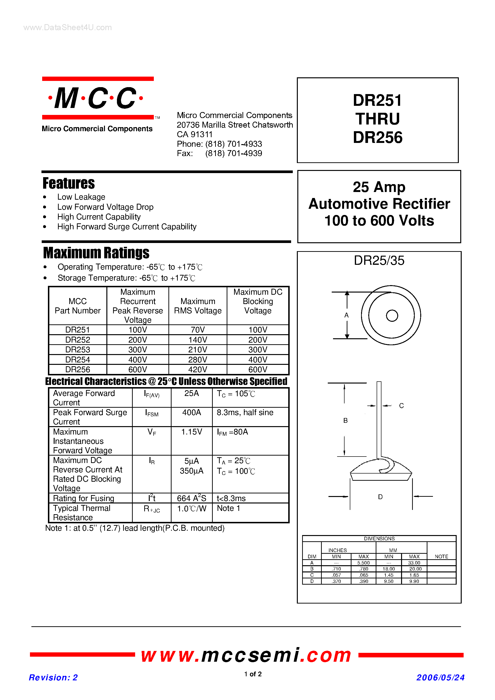 Datasheet DR251 page 1 Datasheet DR251 - (DR251 - DR256) Automotive Rectifier page 1