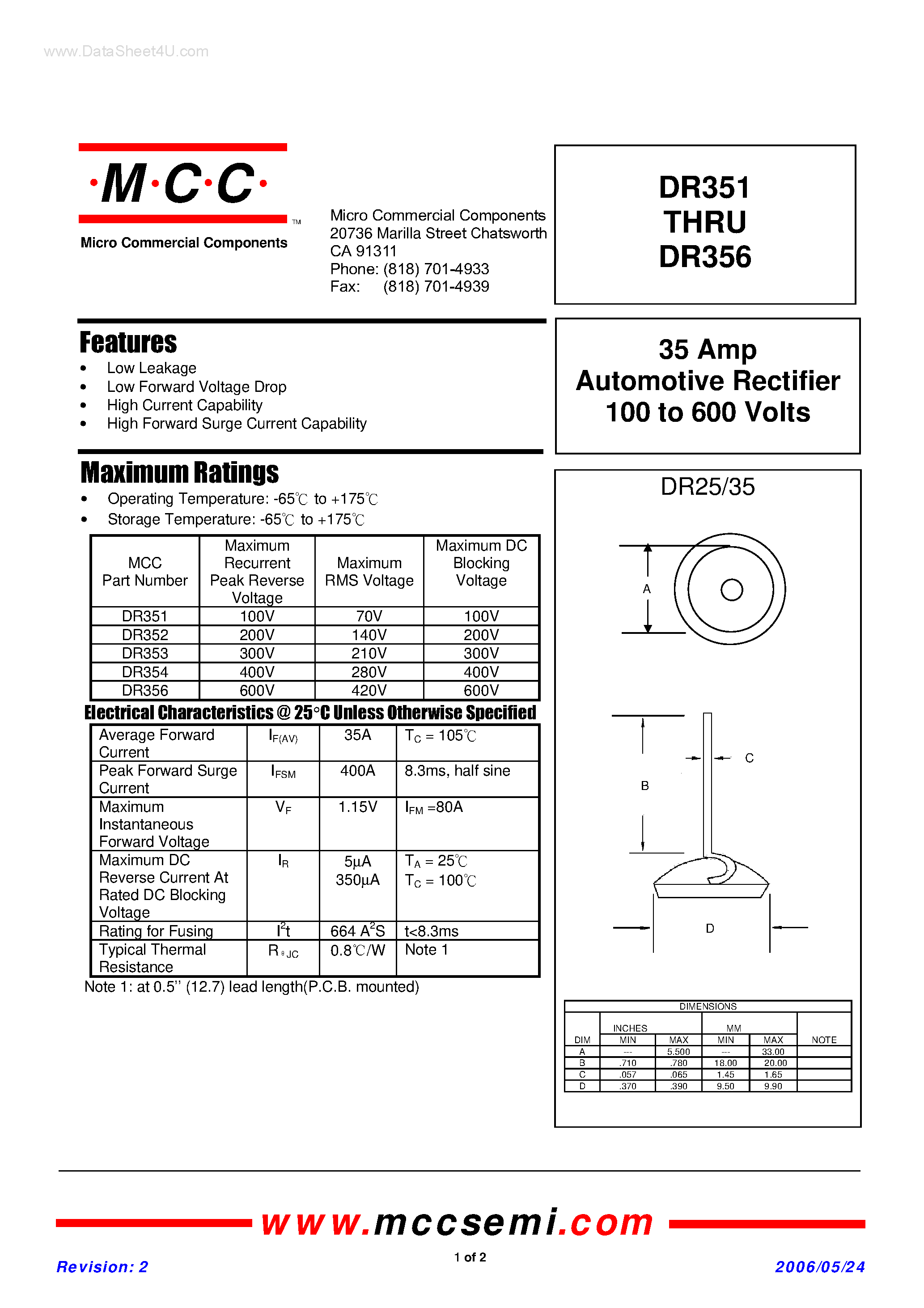 Datasheet DR351 page 1 Datasheet DR351 - (DR351 - DR356) Automotive Rectifier page 1