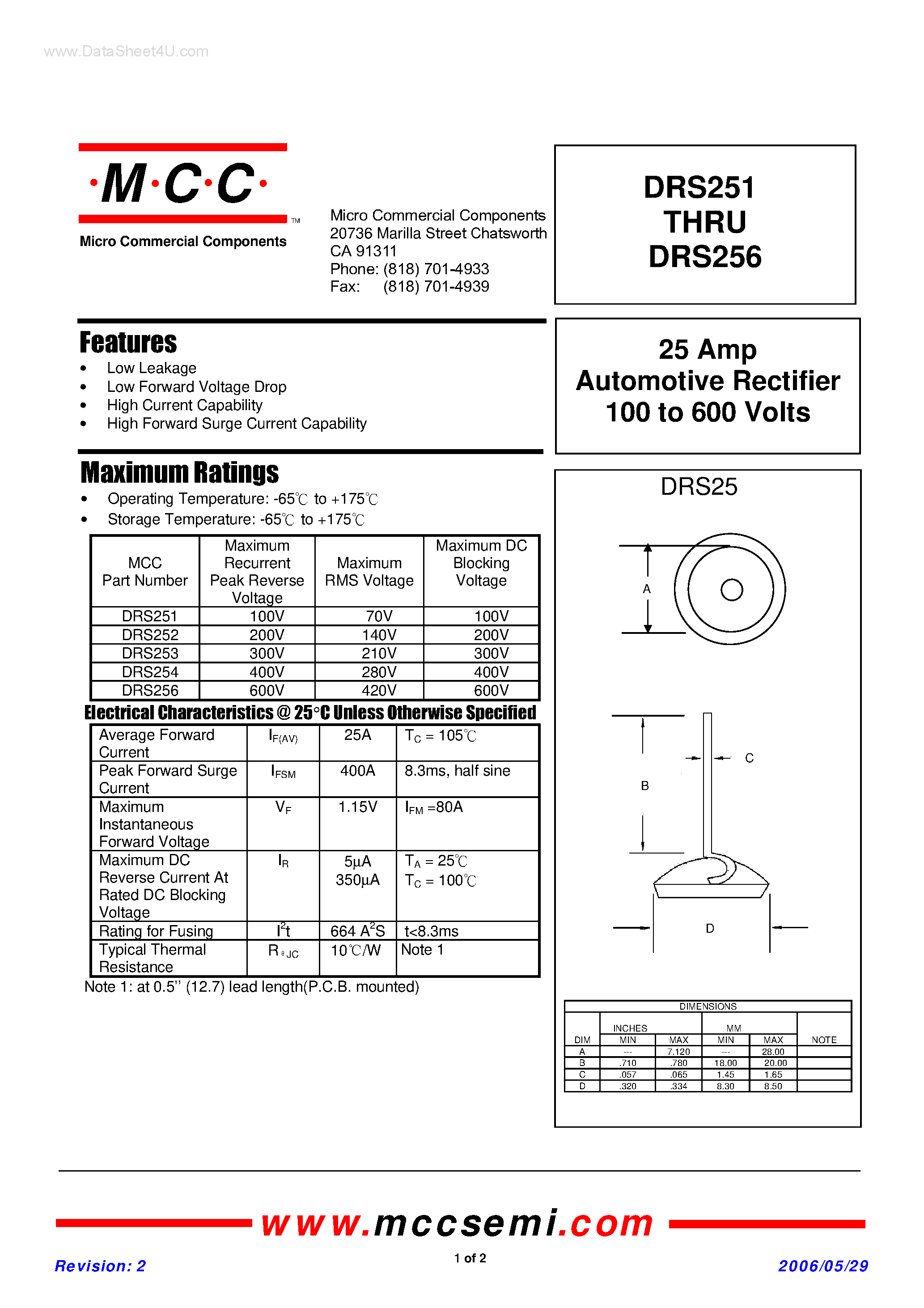 Datasheet DRS251 page 1 Datasheet DRS251 - (DRS251 - DRS256) Automotive Rectifier page 1