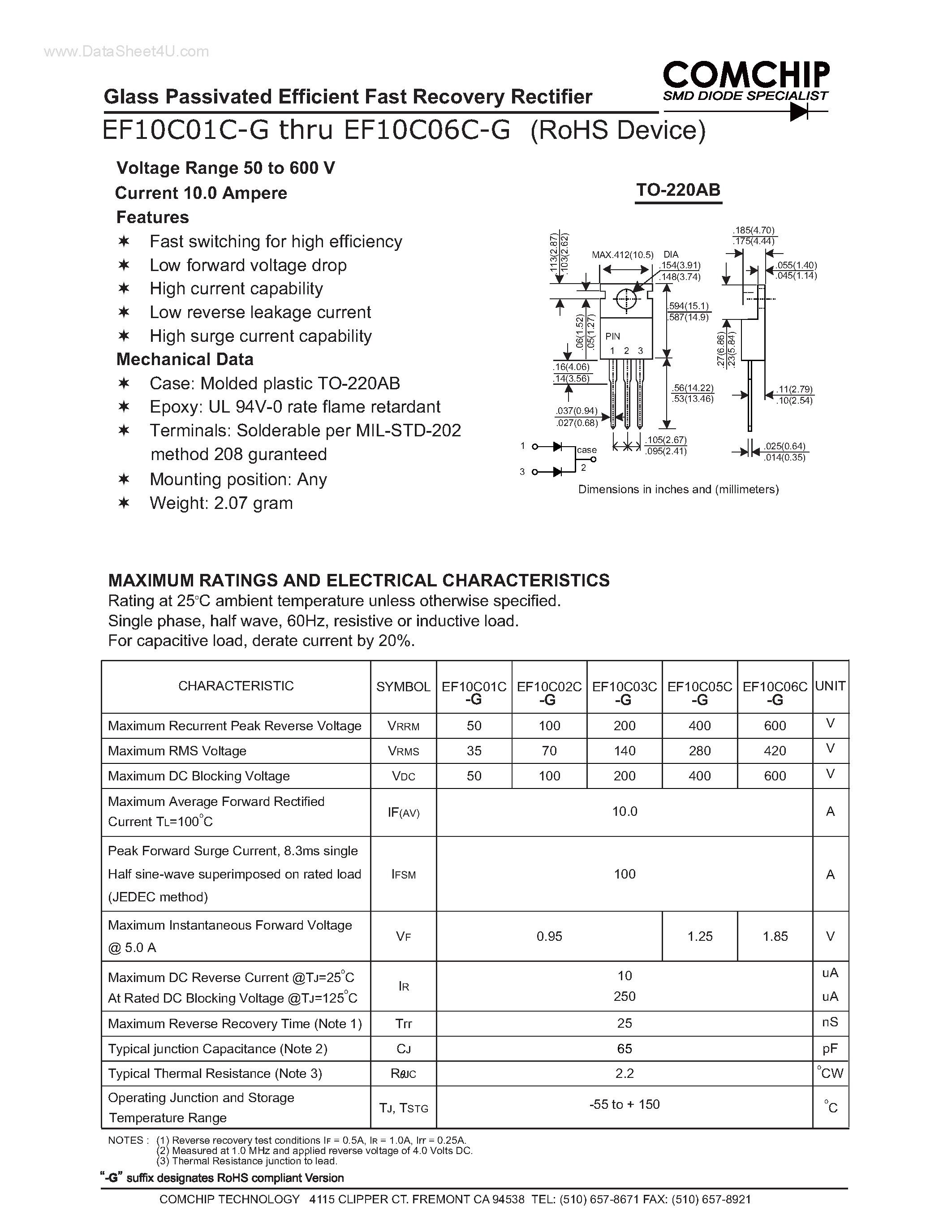 Даташит EF10C02C-G - (EF10C01C-G - EF10C06C-G) Glass Passivated Efficient Fast Recovery Rectifier страница 1