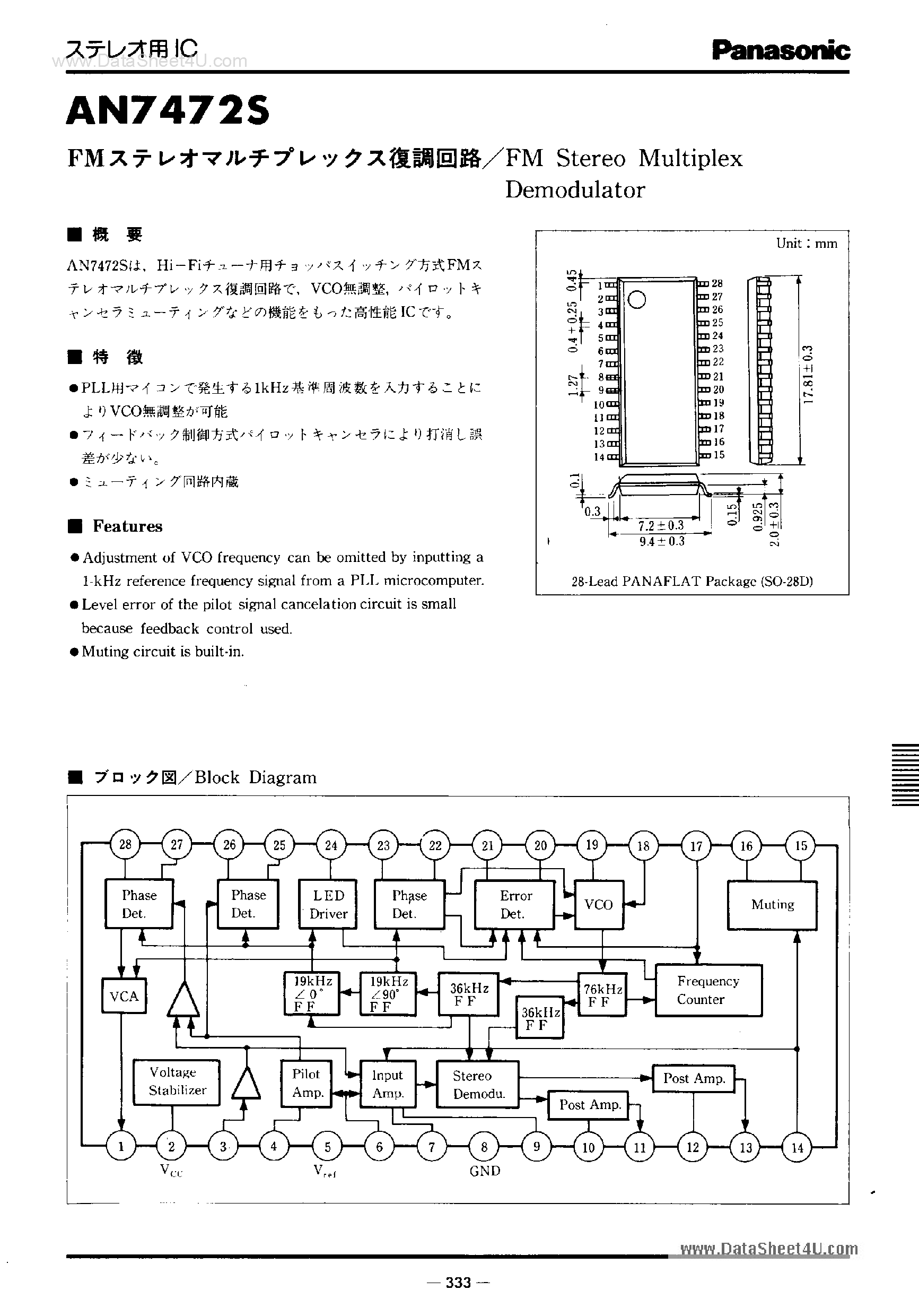Даташит AN7472S - FM Stereo Multiplex Demodulator страница 1