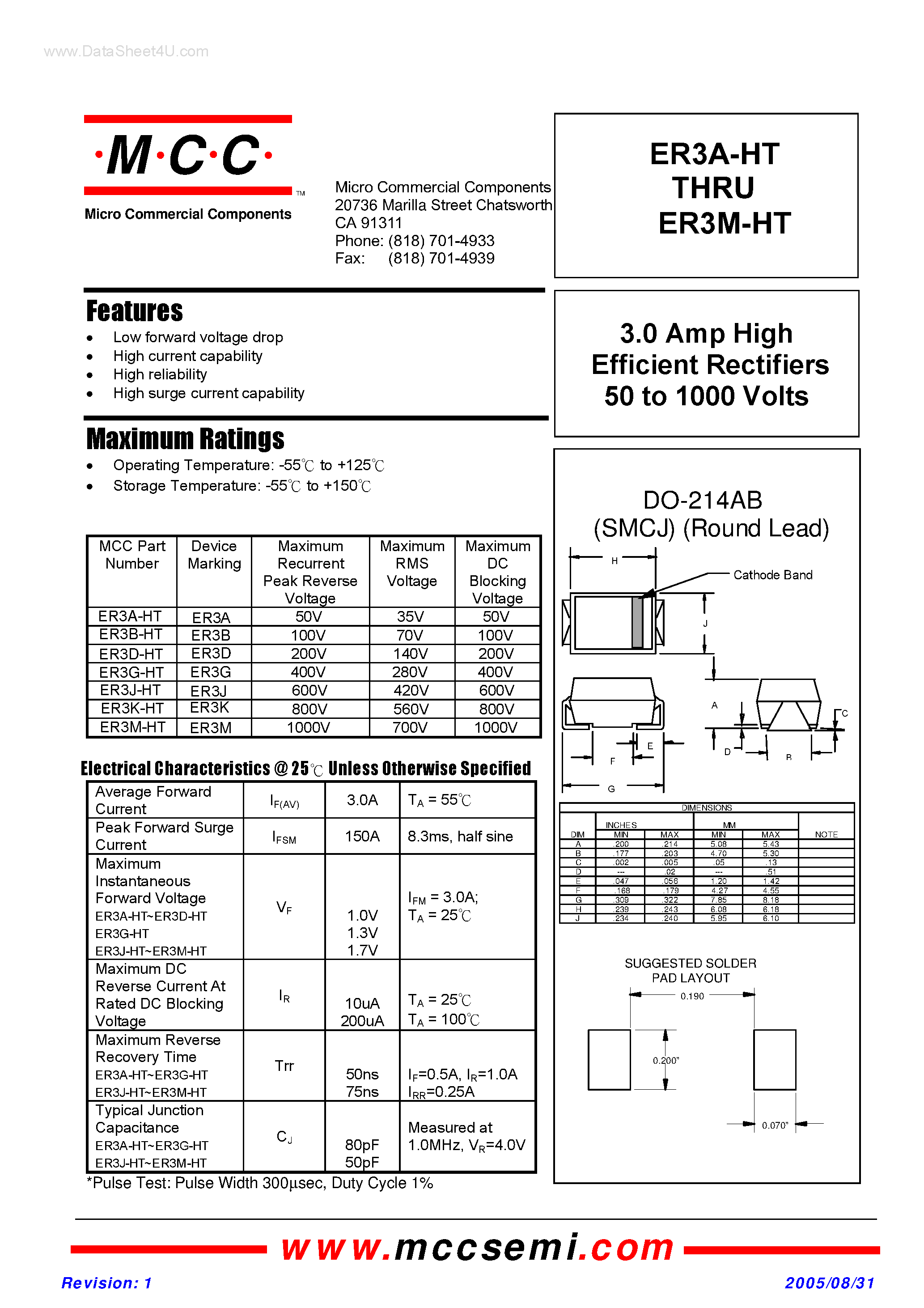 Datasheet ER3A-HT page 1 Datasheet ER3A-HT - (ER3A-HT - ER3M-HT) High Efficient Rectifiers page 1