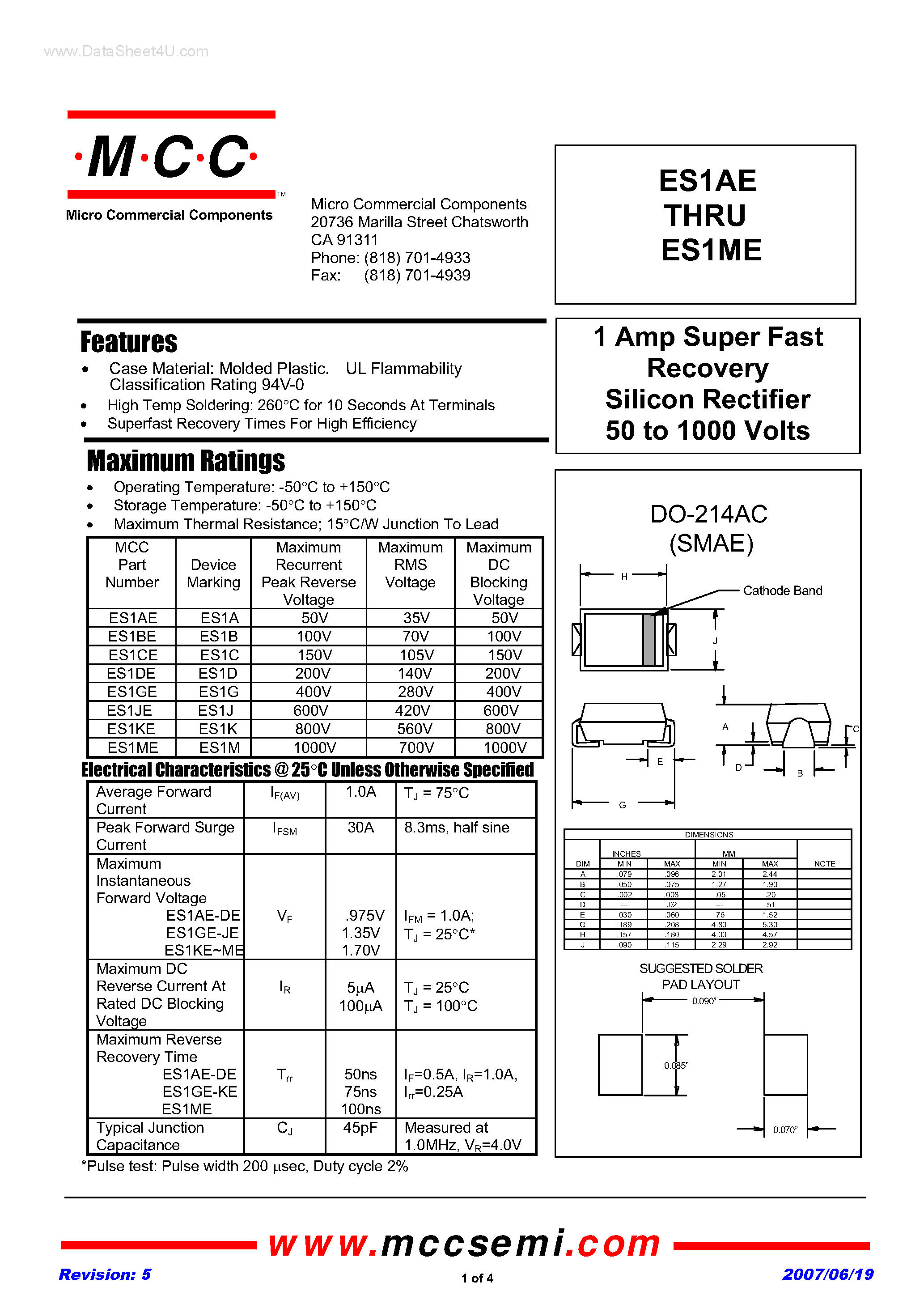 Datasheet ES1AE page 1 Datasheet ES1AE - (ES1AE - ES1ME) Super Fast Recovery Silicon Rectifier page 1