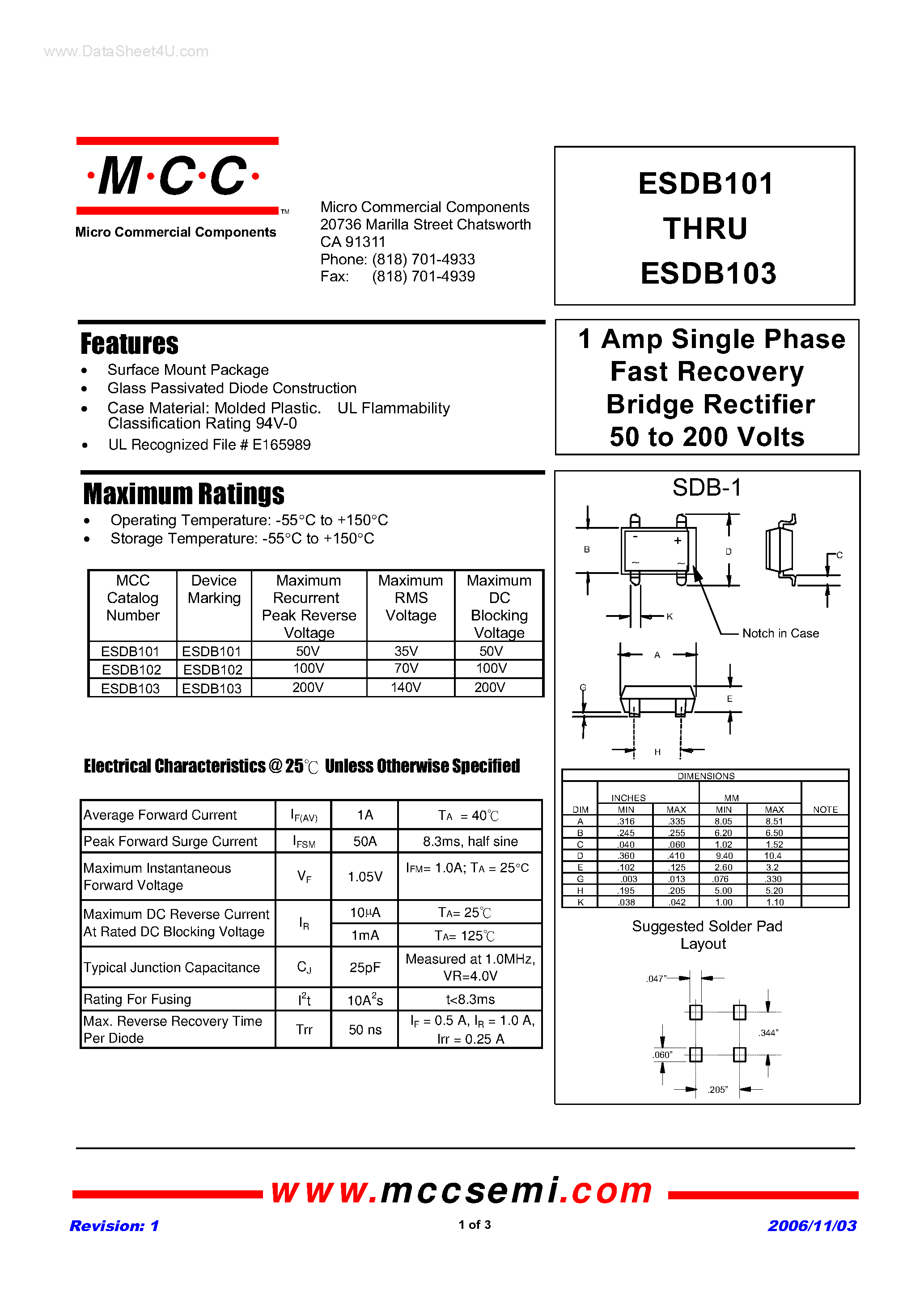 Datasheet ESDB101 page 1 Datasheet ESDB101 - (ESDB101 - ESDB103) Single Phase Fast Recovery Bridge Rectifier page 1