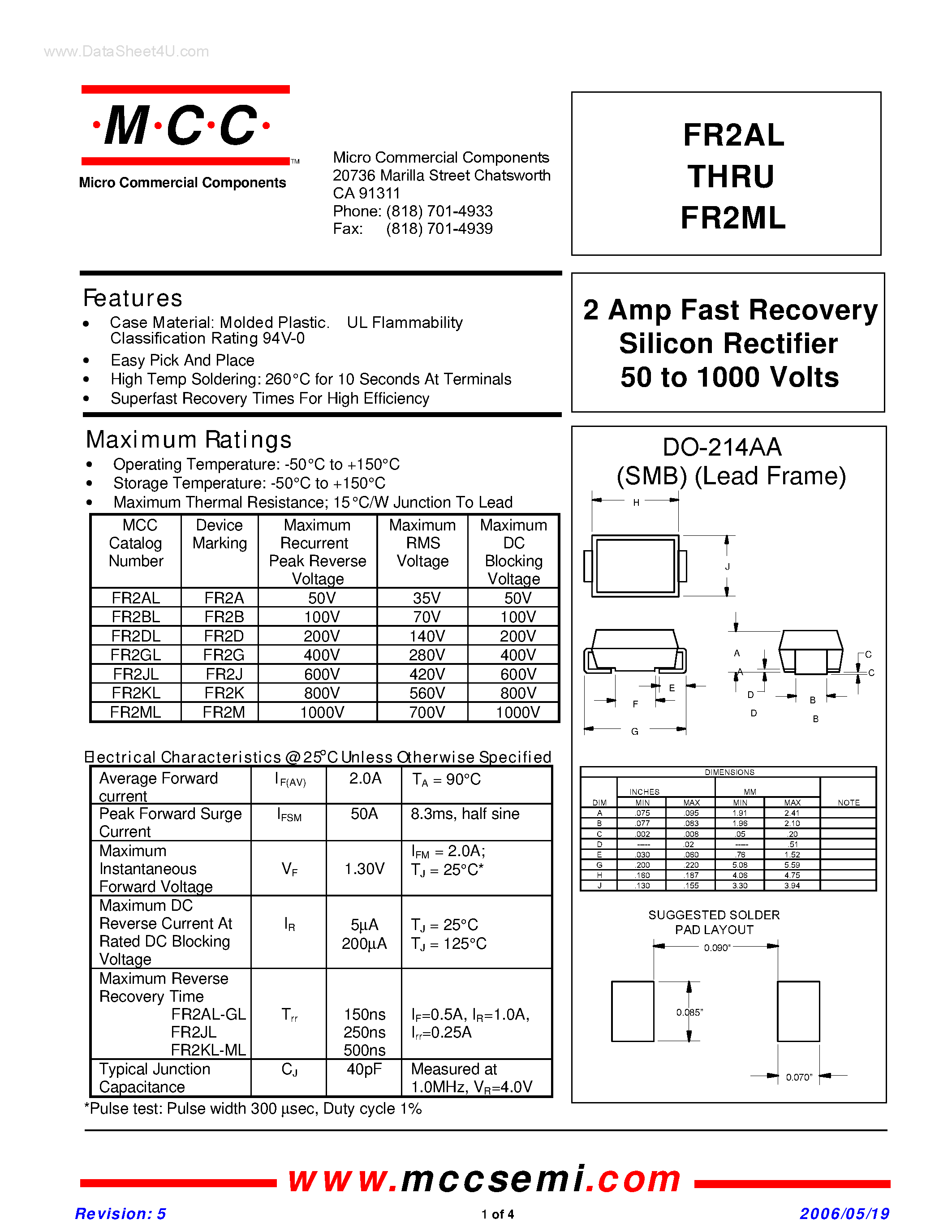 Datasheet FR2AL page 1 Datasheet FR2AL - (FR2AL - FR2ML) Fast Recovery Silicon Rectifier page 1