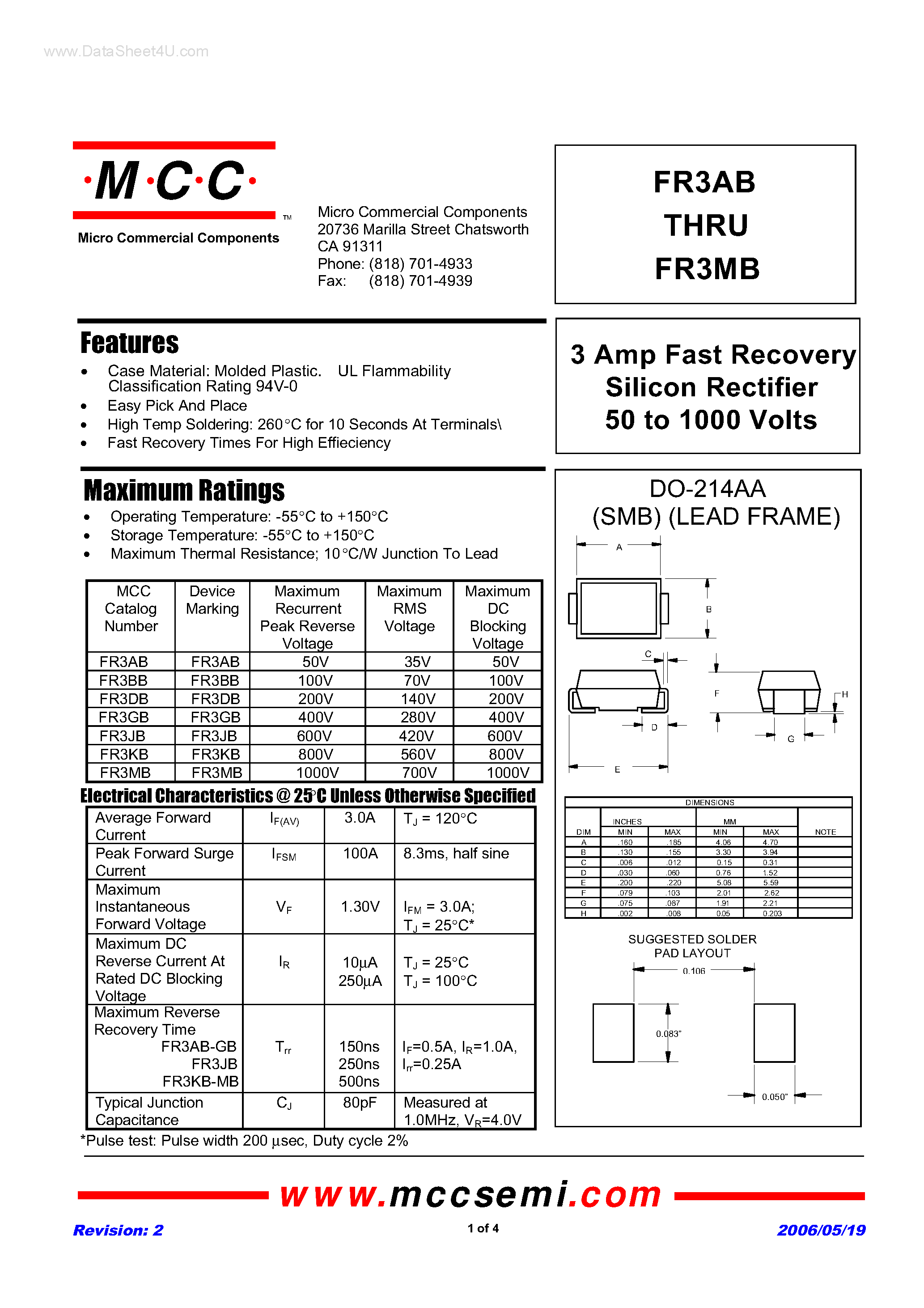 Datasheet FR3AB - (FR3AB - FR3MB) Fast Recovery Silicon Rectifier page 1