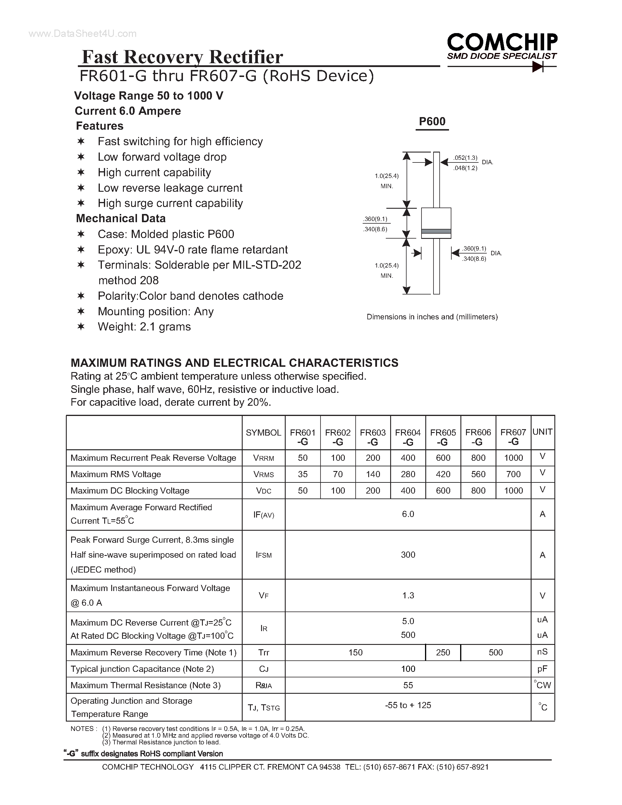 Даташит FR601-G - (FR601-G - FR607-G) Fast Recovery Rectifier страница 1
