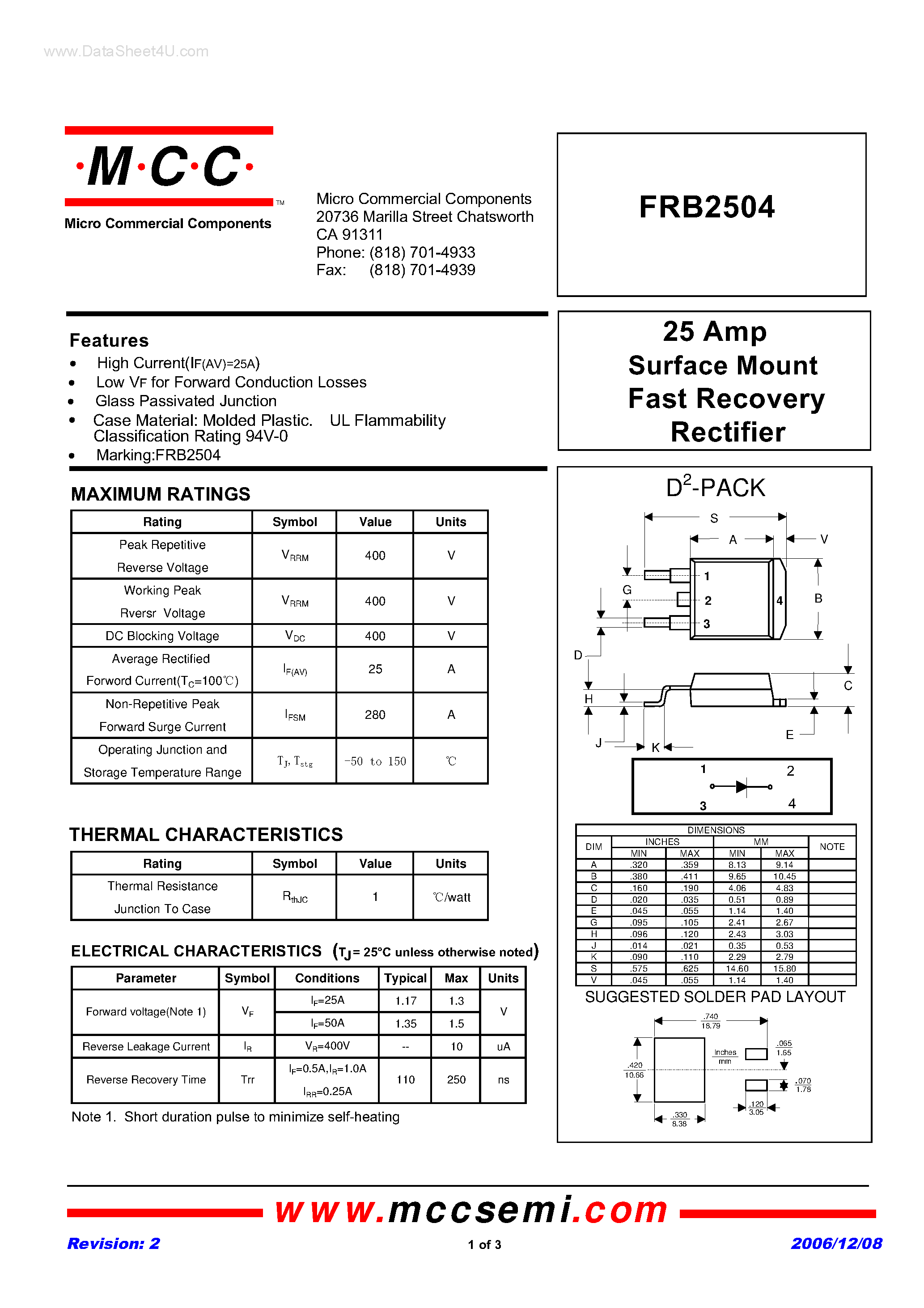 Datasheet FRB2504 page 1 Datasheet FRB2504 - Surface Mount Fast Recovery Rectifier page 1