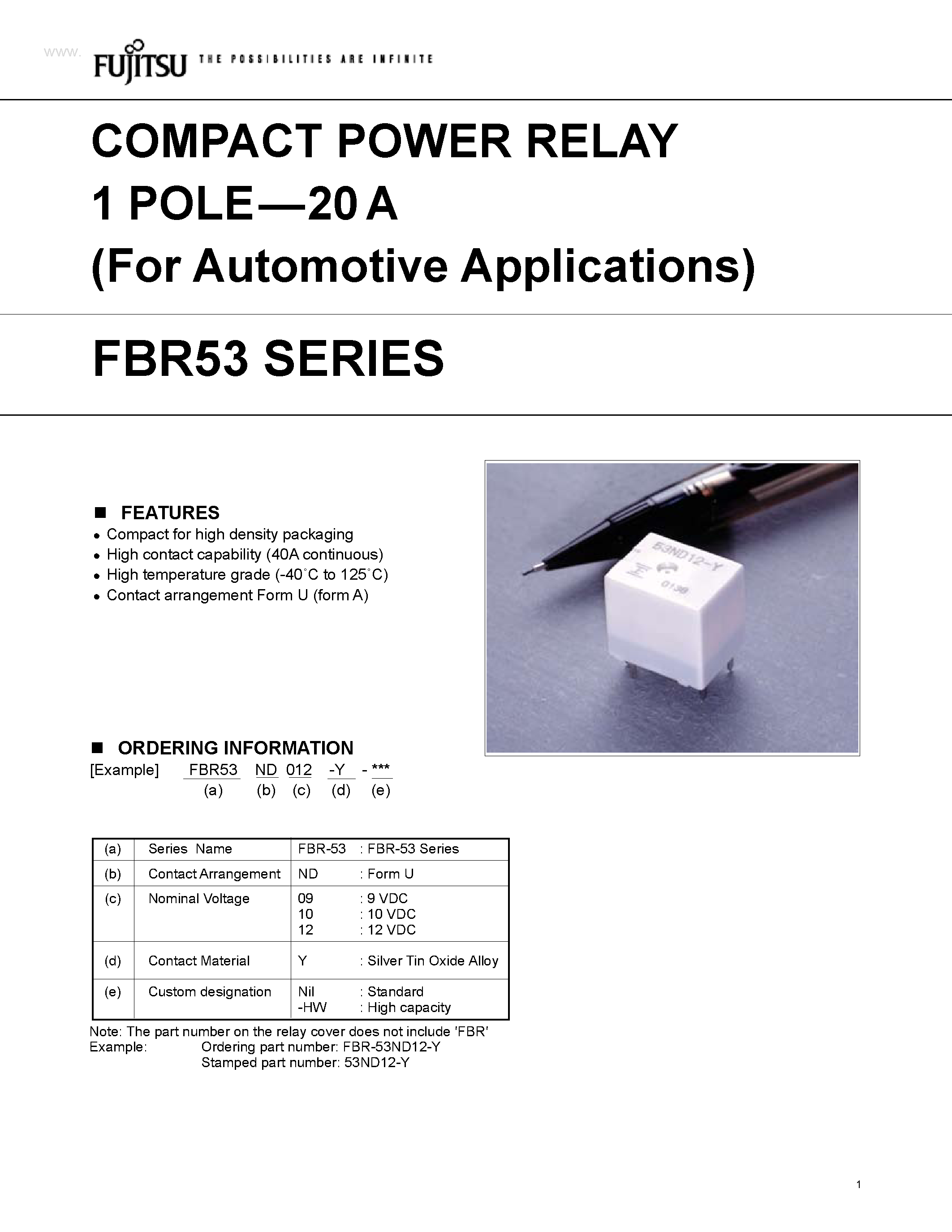 Datasheet FRB53 - COMPACT POWER RELAY 1 POLE-20 A page 1