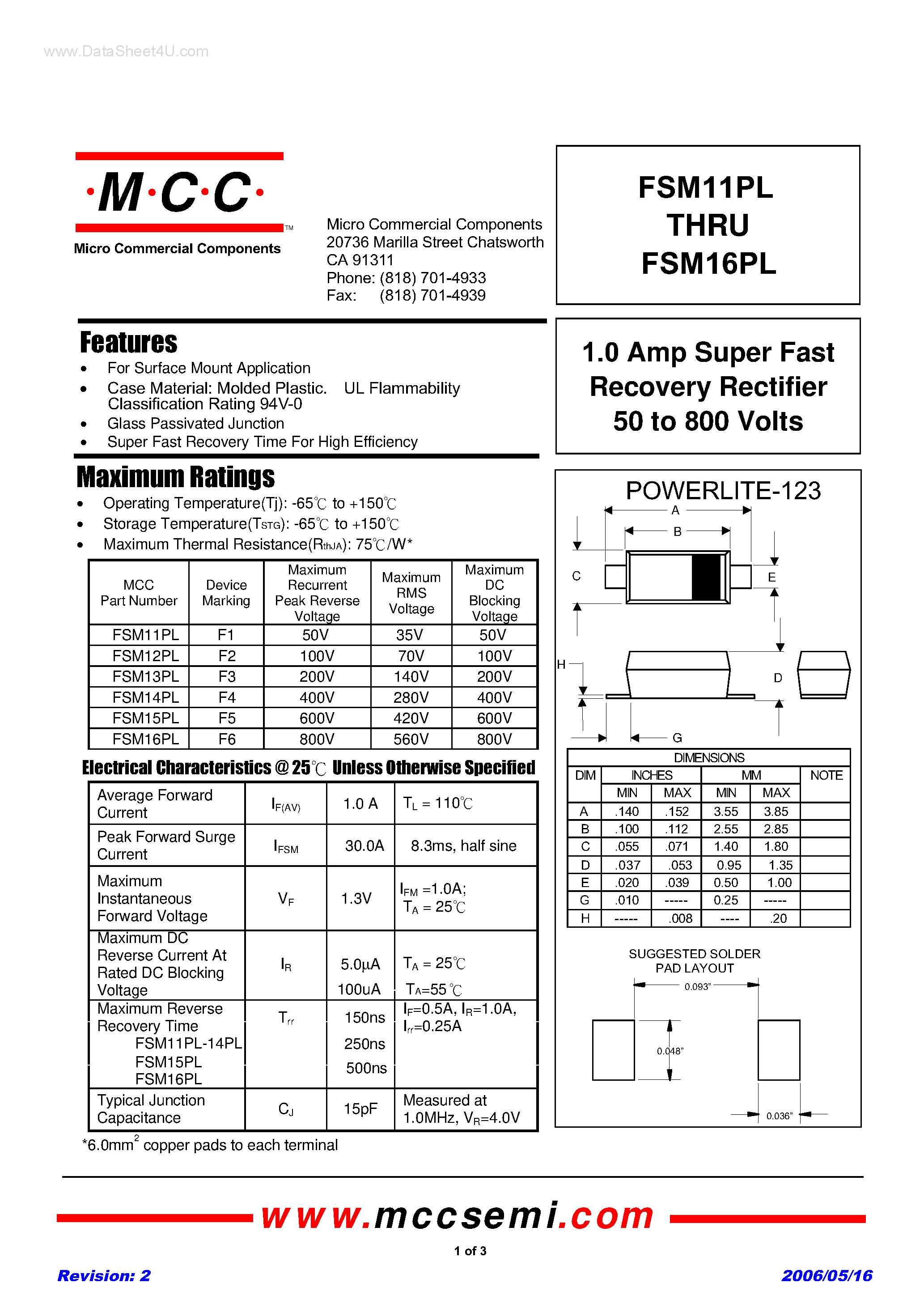 Datasheet FSM11PL page 1 Datasheet FSM11PL - (FSM11PL - FSM16PL) Super Fast Recovery Rectifier page 1