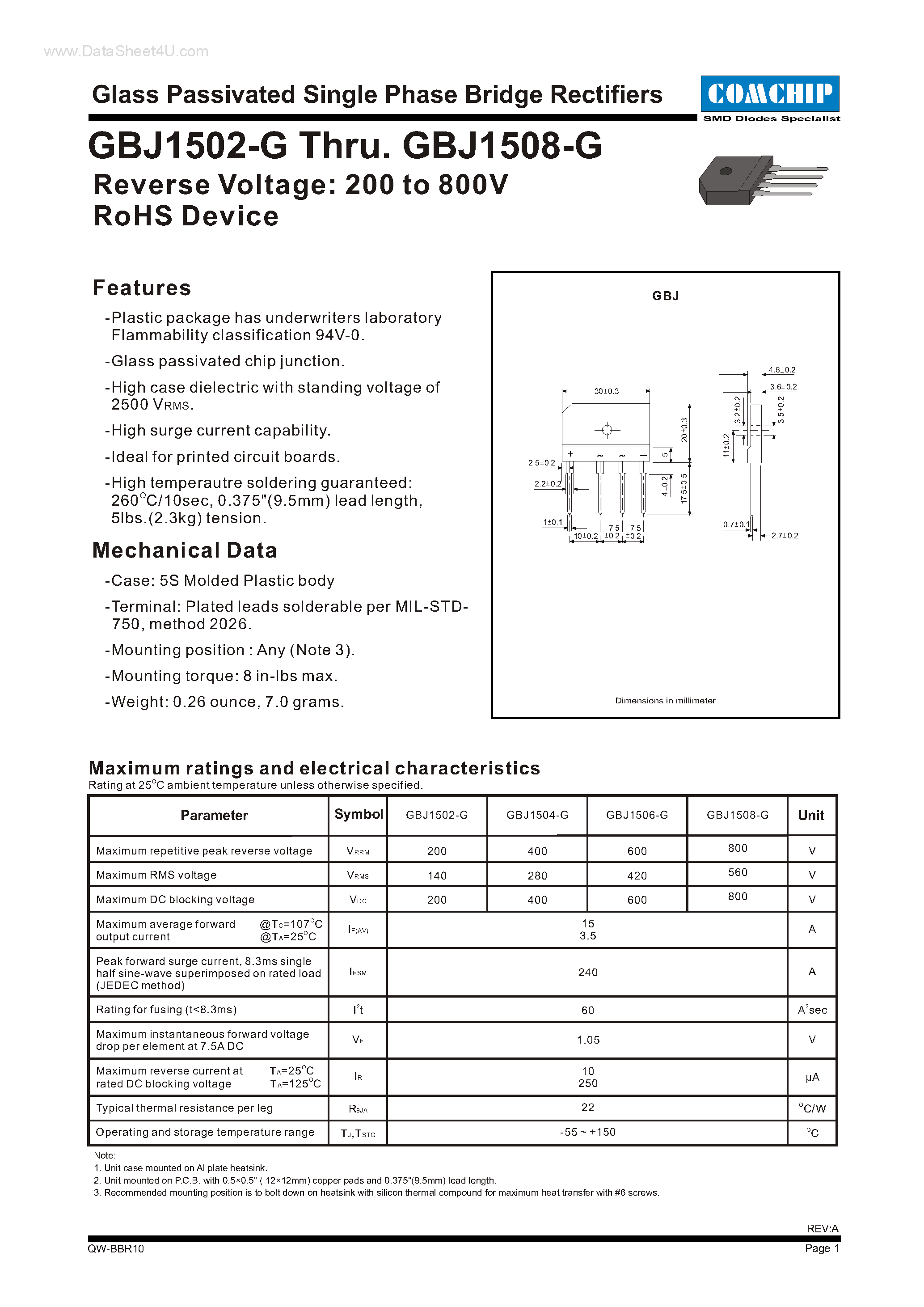 Даташит GBJ1502-G - (GBJ1502-G - GBJ1508-G) Glass Passivated SINGLE PHASE BRIDGE Rectifier страница 1