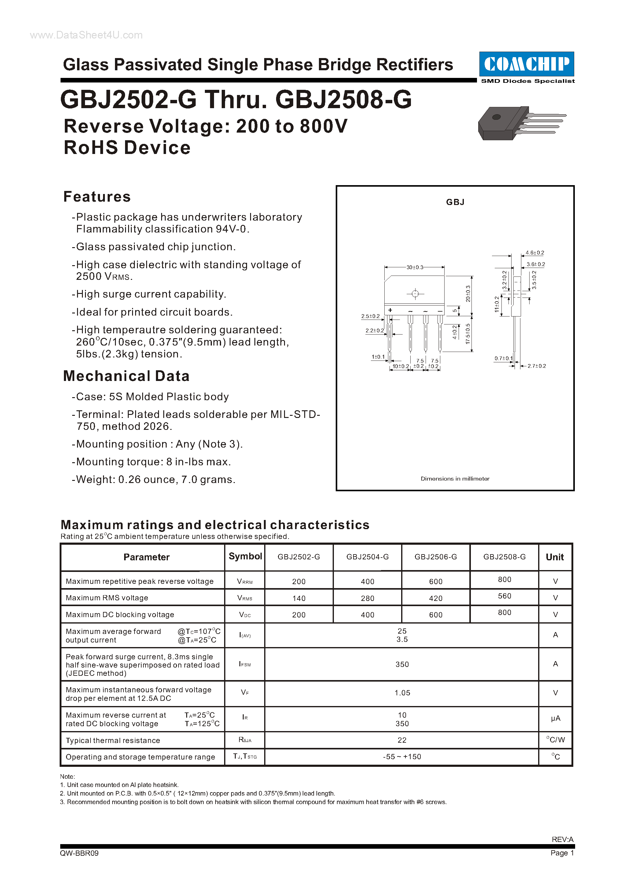 Даташит GBJ2502-G - (GBJ2502-G - GBJ2508-G) Glass Passivated SINGLE PHASE BRIDGE Rectifier страница 1