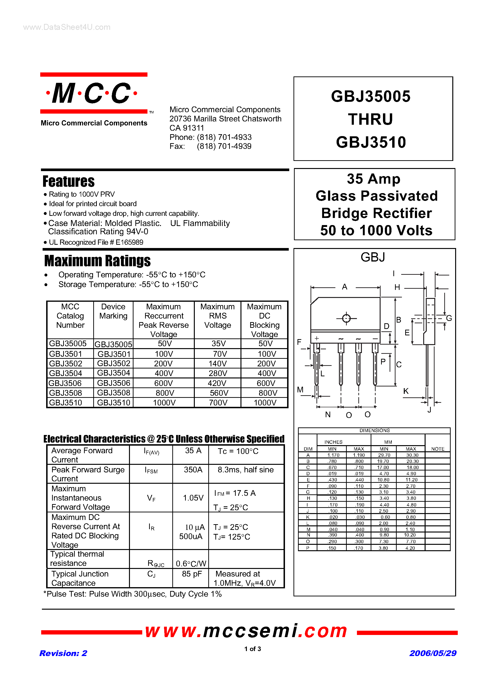 Datasheet GBJ35005 page 1 Datasheet GBJ35005 - (GBJ35005 - GBJ3510) Glass Passivated Bridge Rectifier page 1